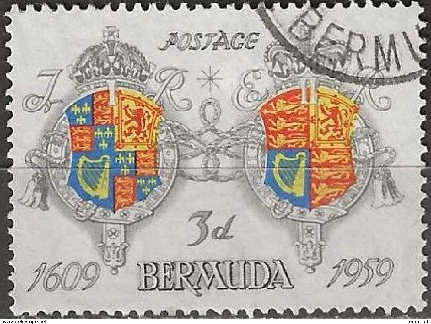 BERMUDA 1959 350th Anniversary Of Settlement - 3d Arms Of King James I And Queen Elizabeth II FU - Bermudes