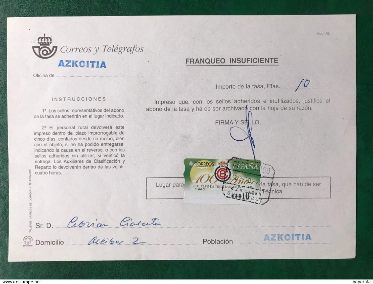 España Spain 1999, ATM TENIS BARCELONA, DOCUMENTO POSTAL FRANQUEO INSUFICIENTE 10 PTS, EPELSA, RARO!!! - Automaatzegels [ATM]