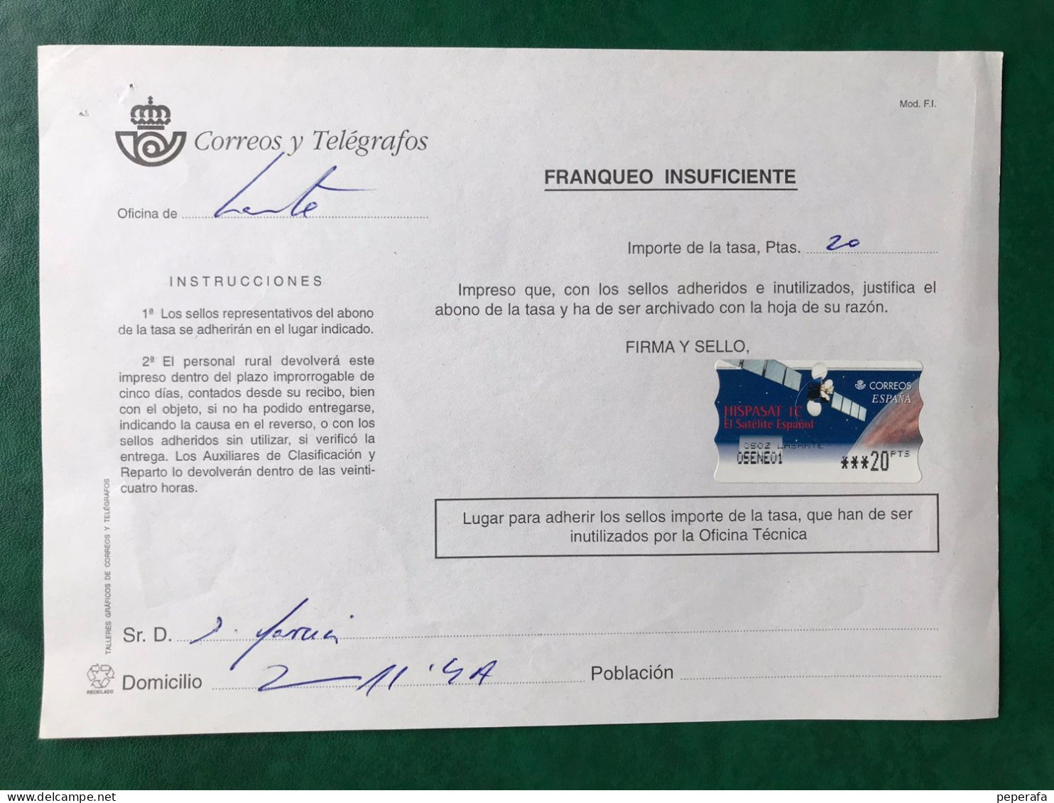 España Spain 2000, ATM HISPASAT 1C, DOCUMENTO POSTAL FRANQUEO INSUFICIENTE 20 PTS, EPELSA, RARO!!! - Timbres De Distributeurs [ATM]