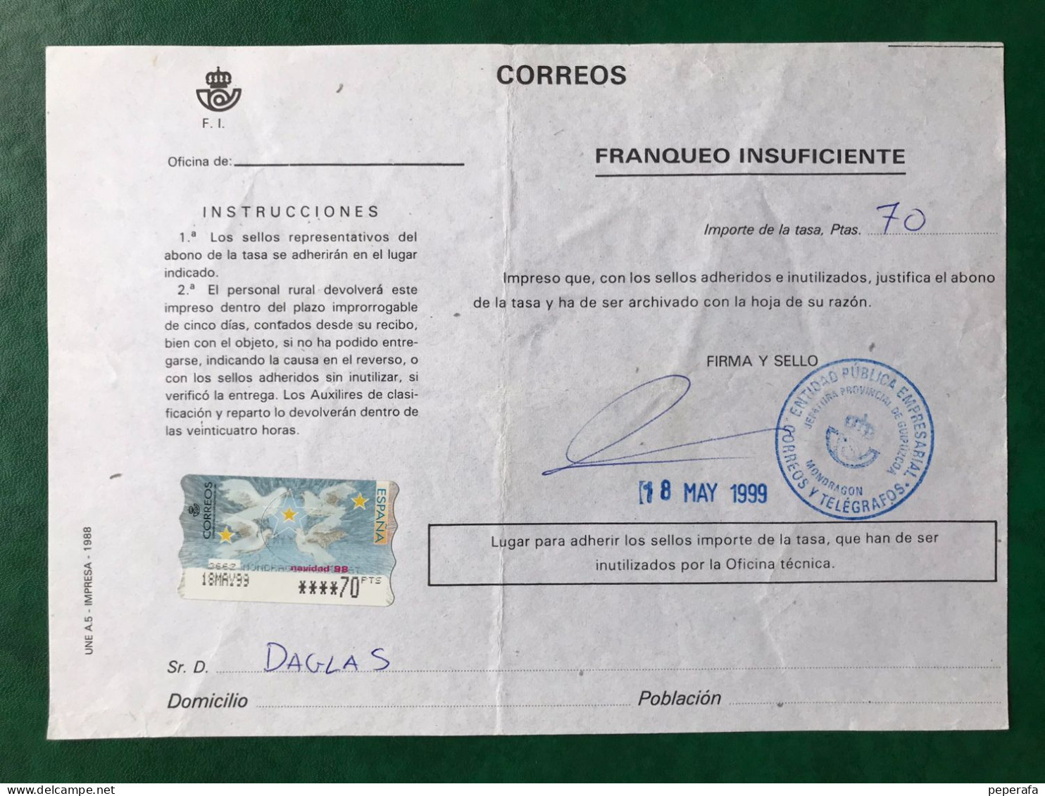 España Spain 1998, ATM NAVIDA 98, DOCUMENTO POSTAL FRANQUEO INSUFICIENTE 70 PTS, EPELSA, RARO!!! - Machine Labels [ATM]