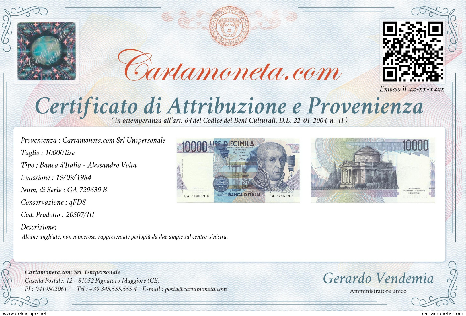 10000 LIRE BANCA D'ITALIA ALESSANDRO VOLTA LETTERA A 19/09/1984 QFDS - Andere & Zonder Classificatie