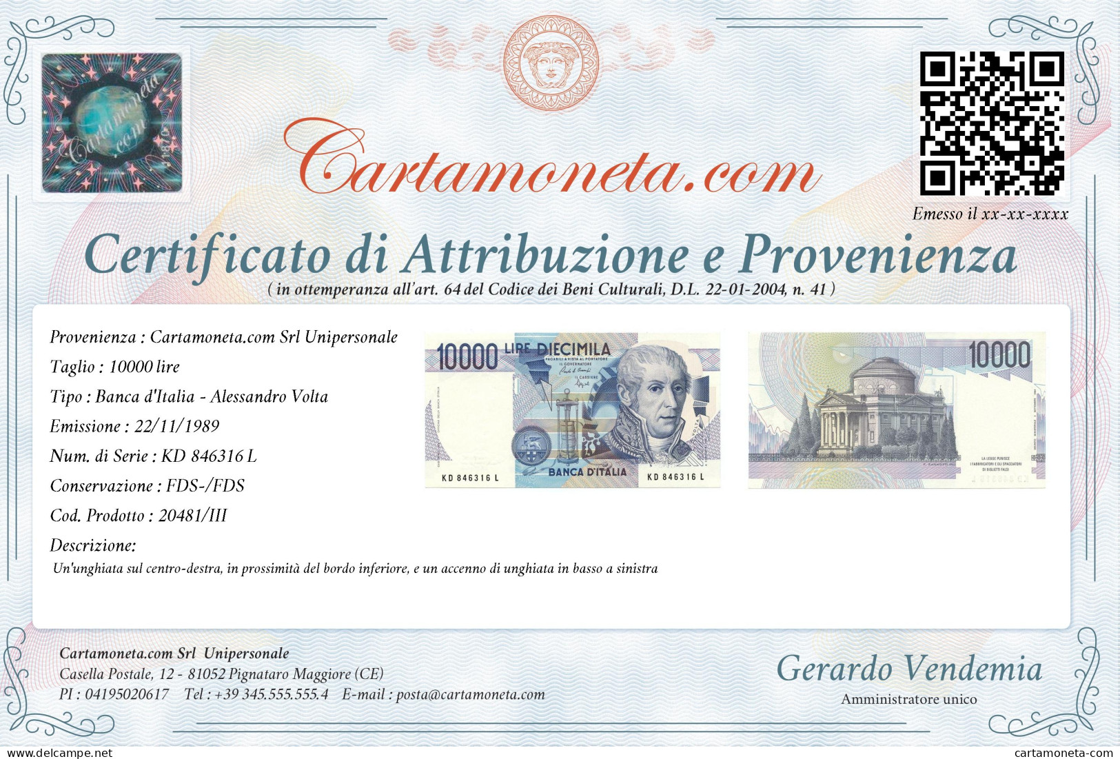 10000 LIRE BANCA D'ITALIA ALESSANDRO VOLTA LETTERA D 22/11/1989 FDS-/FDS - Autres & Non Classés