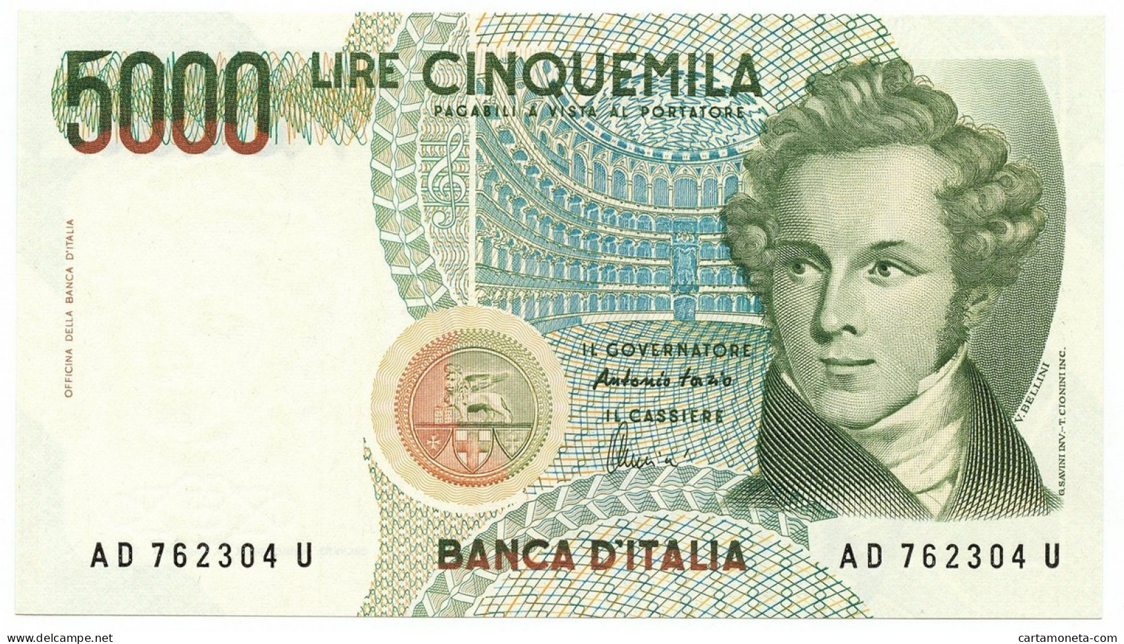 5000 LIRE BANCA D'ITALIA VINCENZO BELLINI LETTERA D 26/11/1996 QFDS - Altri & Non Classificati