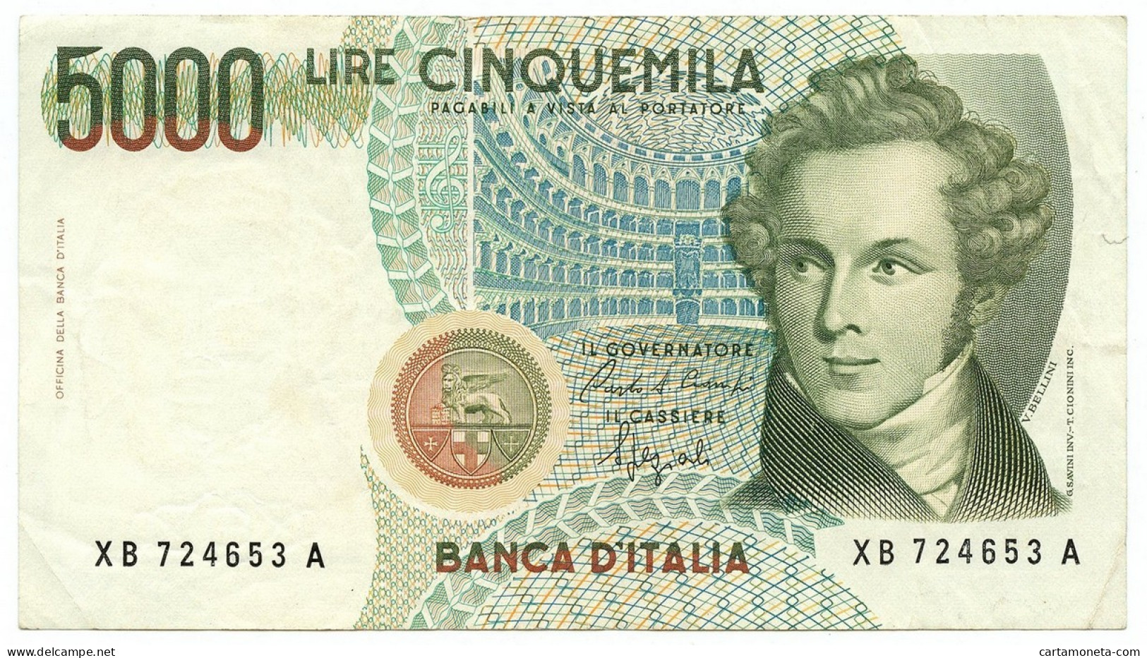 5000 LIRE B. D'ITALIA VINCENZO BELLINI SERIE SOSTITUTIVA XB 12/11/1993 BB+ - Altri & Non Classificati