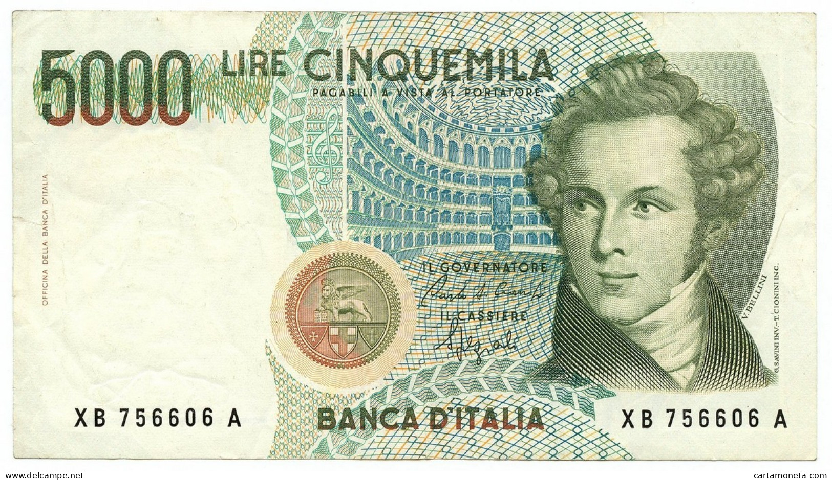5000 LIRE B. D'ITALIA VINCENZO BELLINI SERIE SOSTITUTIVA XB 12/11/1993 BB/SPL - Autres & Non Classés