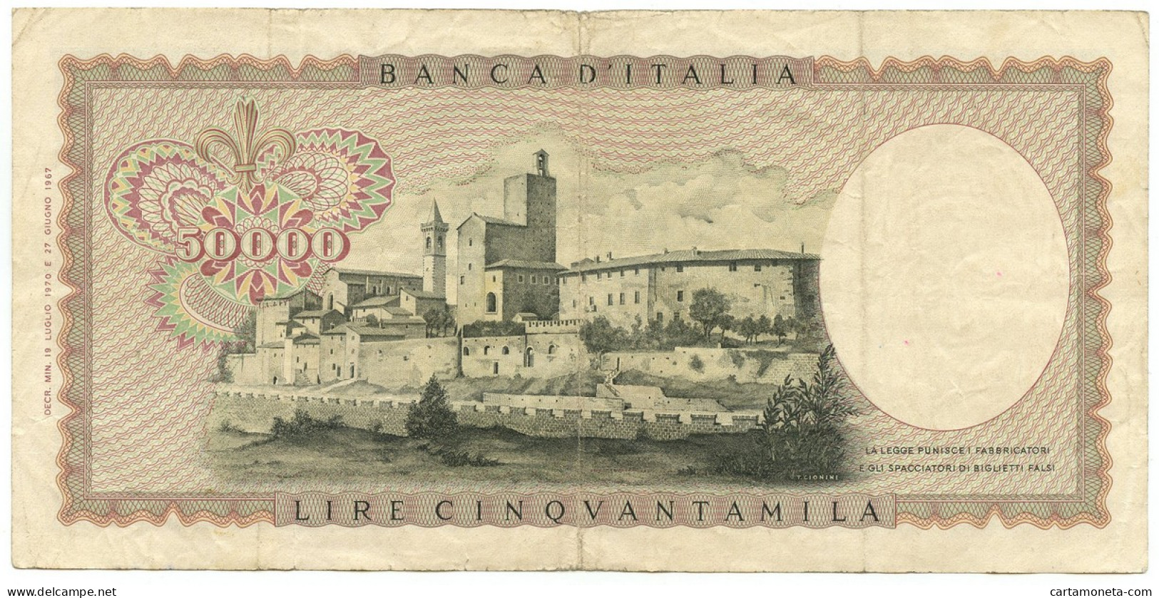 50000 LIRE BANCA D'ITALIA LEONARDO DA VINCI MEDUSA 19/07/1970 BB - Autres & Non Classés