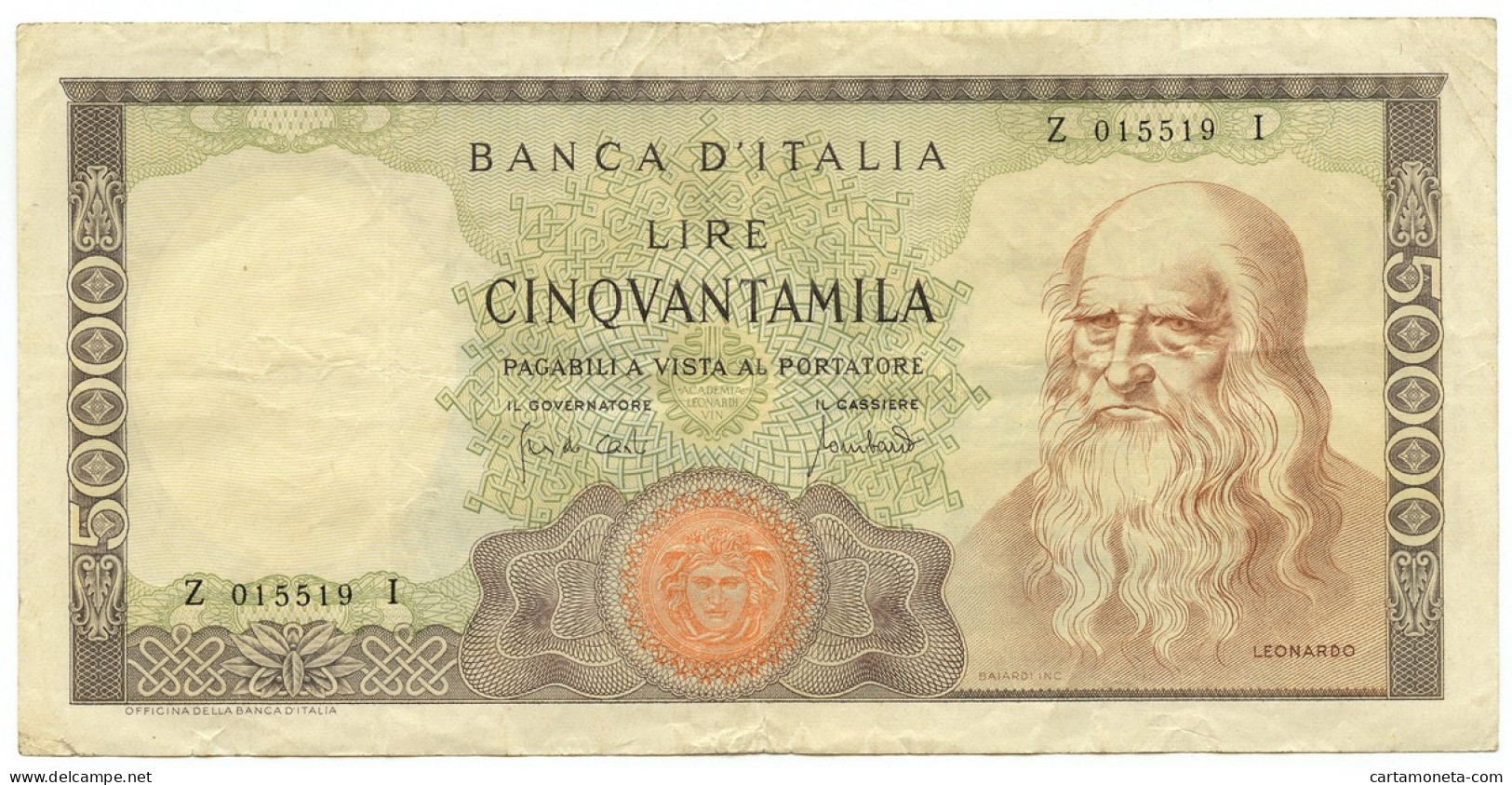 50000 LIRE LEONARDO DA VINCI SENZA FIBRILLE FUORI SERIE DICHIARATE 19/07/1970 BB - Autres & Non Classés