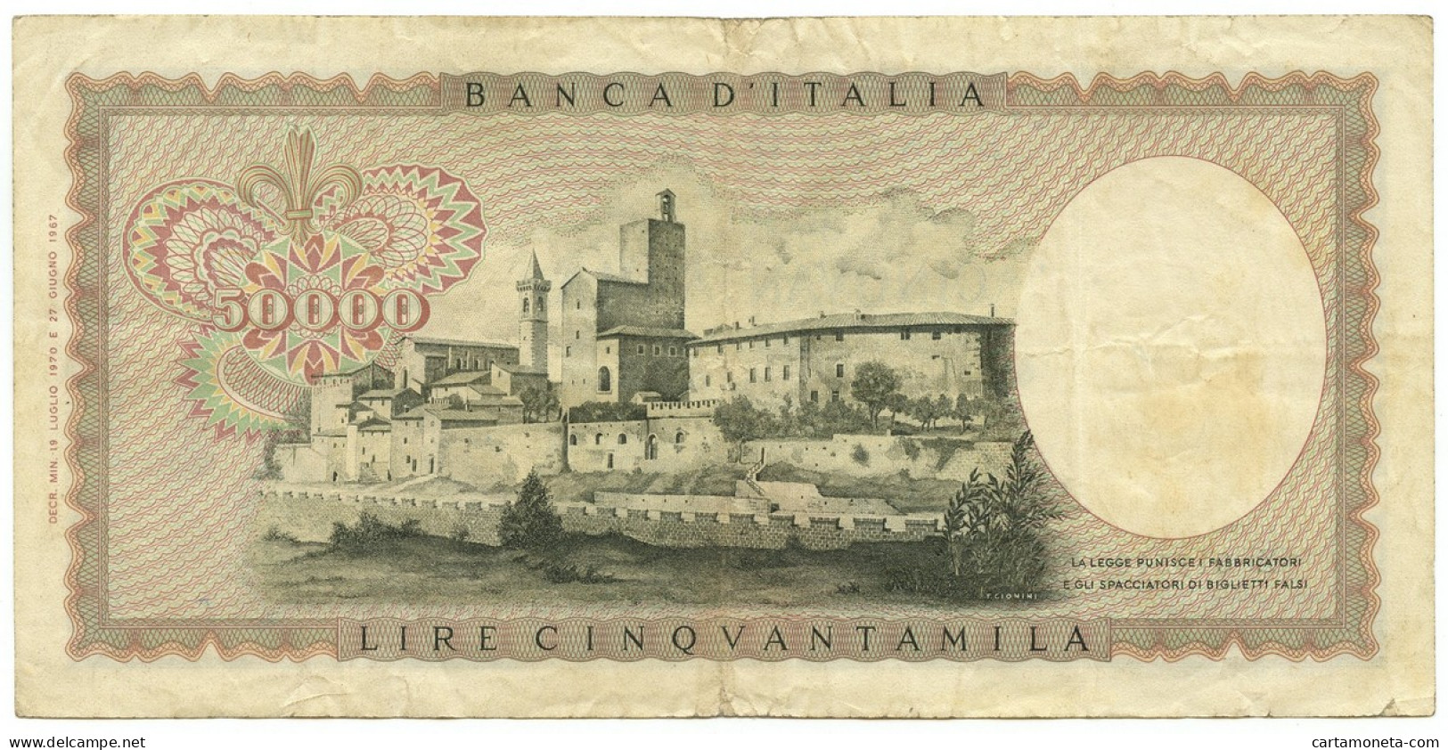 50000 LIRE LEONARDO DA VINCI SENZA FIBRILLE FUORI SERIE DICHIARATE 19/07/1970 BB - Autres & Non Classés