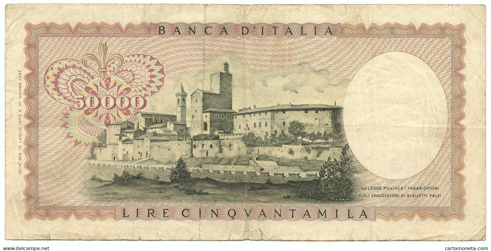 50000 LIRE BANCA D'ITALIA LEONARDO DA VINCI MEDUSA 19/07/1970 BB- - Autres & Non Classés