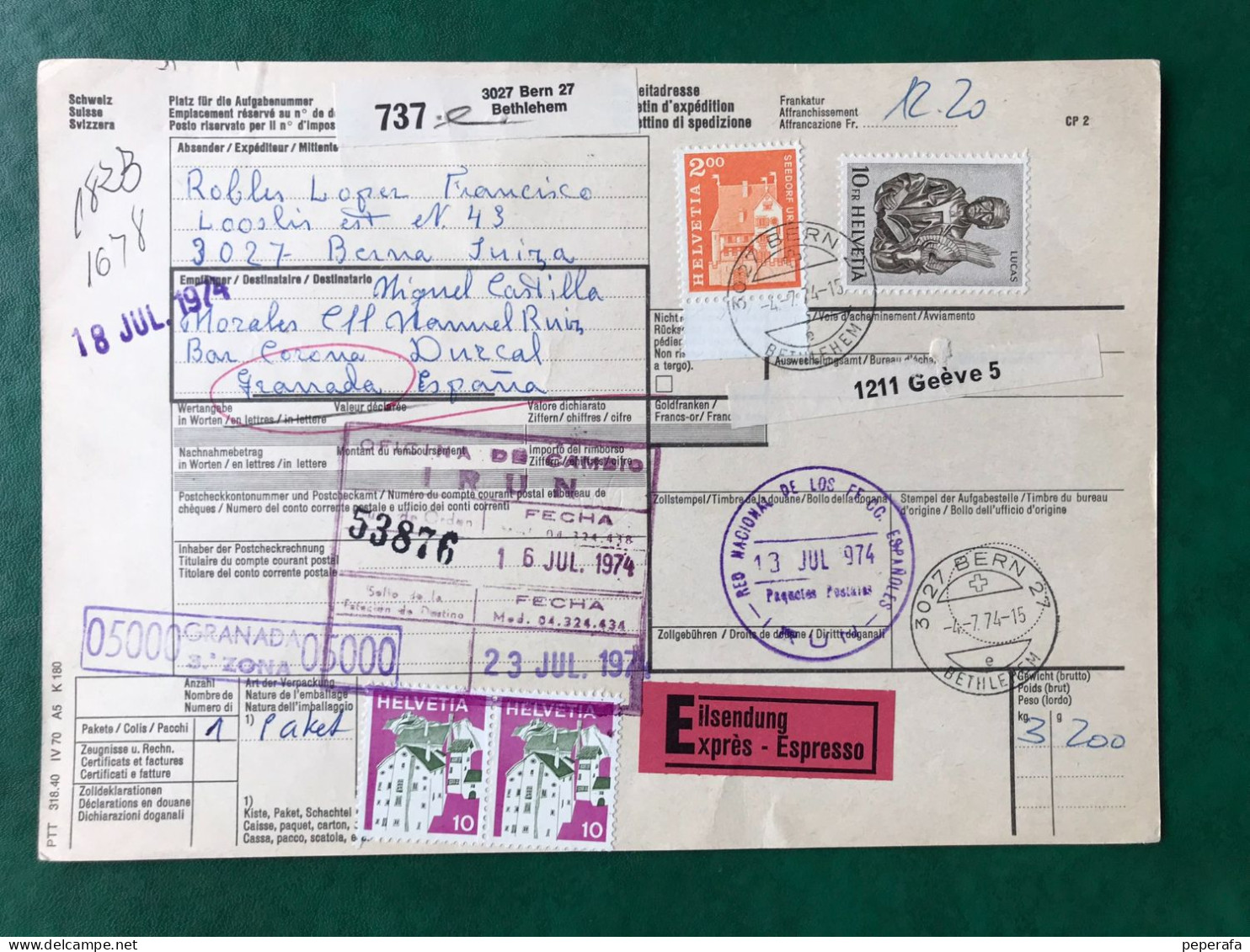 España Spain 1974, DOCUMENTO POSTAL ESPAÑOL CON SELLOS DE SUIZA HELVETIA, Postmark Cancel, RARO!!! - Timbres De Distributeurs [ATM]