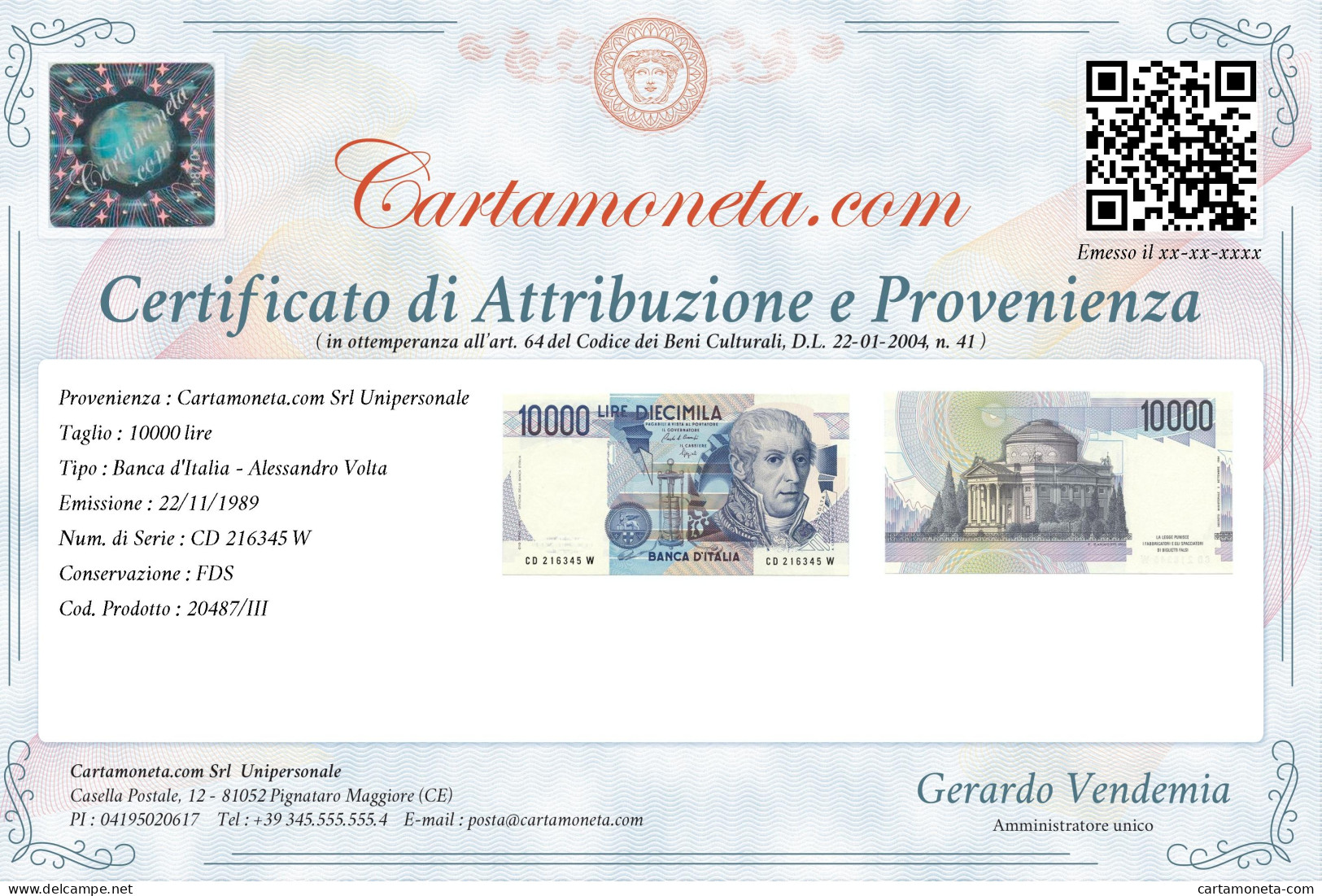10000 LIRE BANCA D'ITALIA ALESSANDRO VOLTA LETTERA D 22/11/1989 FDS - Altri & Non Classificati