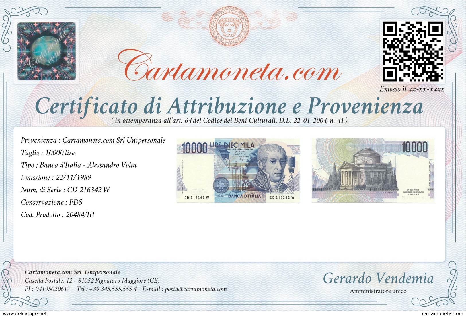 10000 LIRE BANCA D'ITALIA ALESSANDRO VOLTA LETTERA D 22/11/1989 FDS - Otros & Sin Clasificación