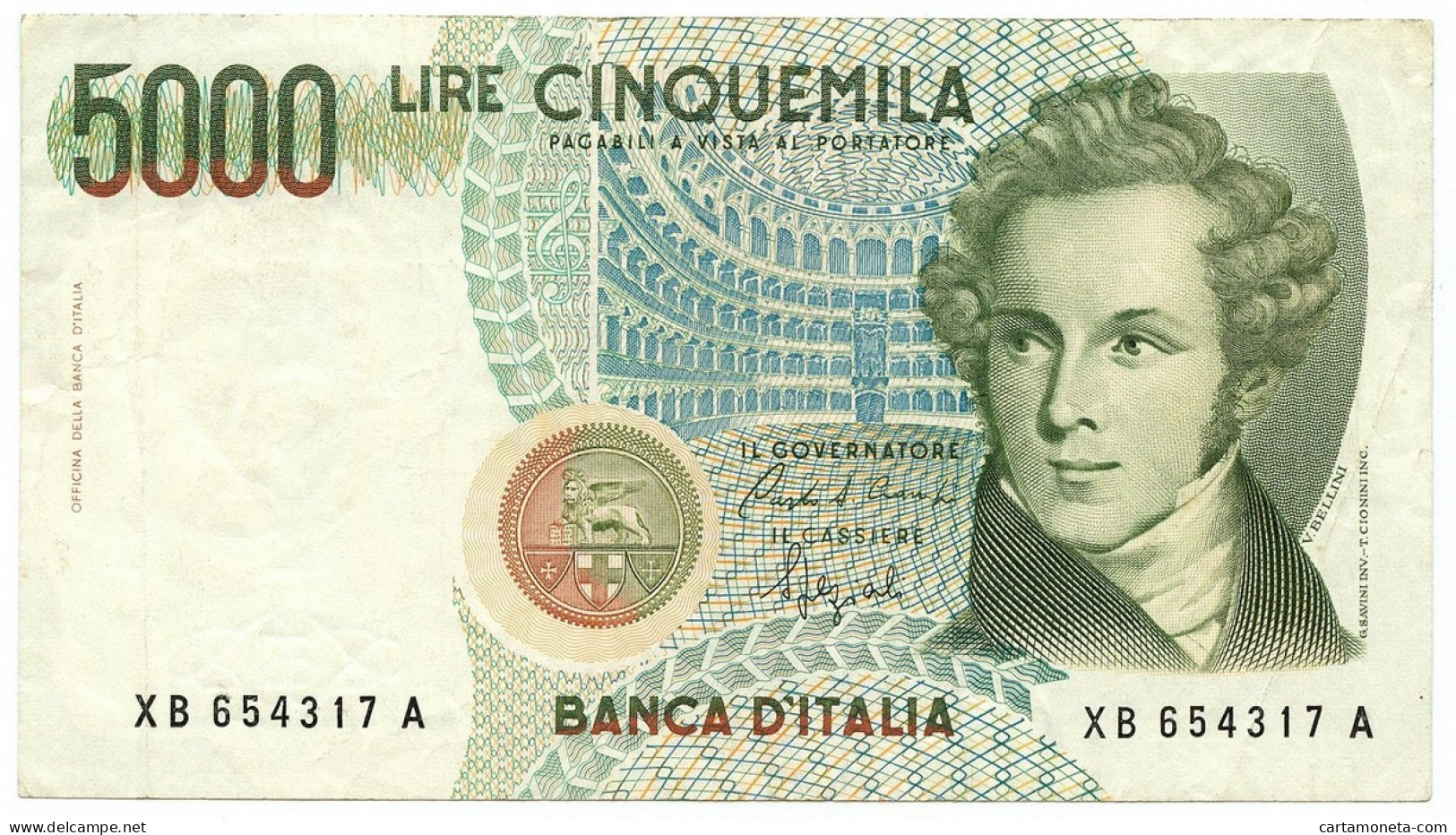 5000 LIRE B. D'ITALIA VINCENZO BELLINI SERIE SOSTITUTIVA XB 12/11/1993 BB+ - Autres & Non Classés