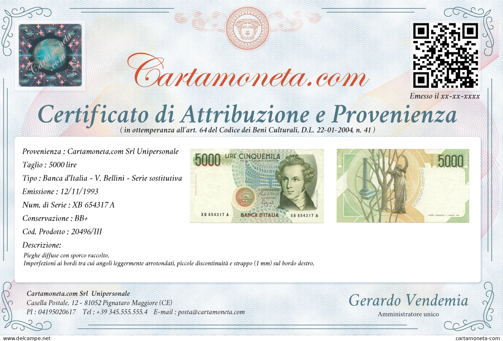 5000 LIRE B. D'ITALIA VINCENZO BELLINI SERIE SOSTITUTIVA XB 12/11/1993 BB+ - Andere & Zonder Classificatie