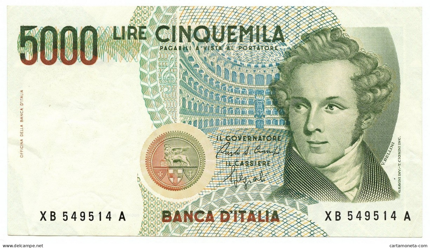 5000 LIRE B. D'ITALIA VINCENZO BELLINI SERIE SOSTITUTIVA XB 12/11/1993 SPL - Autres & Non Classés