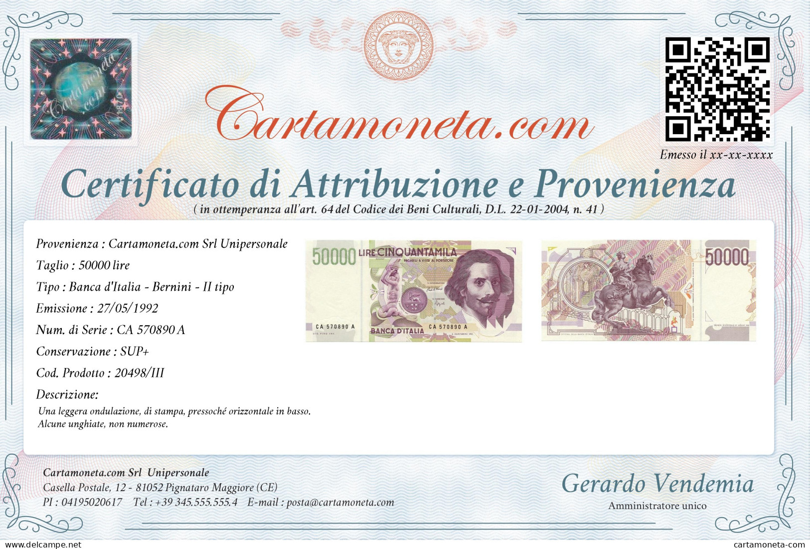 50000 LIRE GIAN LORENZO BERNINI II TIPO LETTERA A 27/05/1992 SUP+ - Other & Unclassified