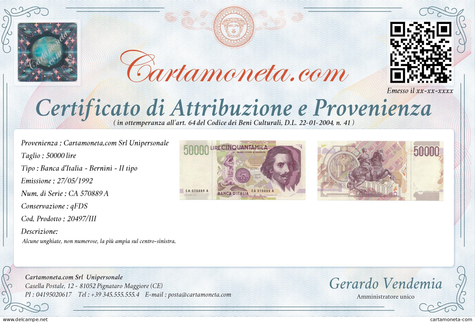 50000 LIRE GIAN LORENZO BERNINI II TIPO LETTERA A 27/05/1992 QFDS - Other & Unclassified