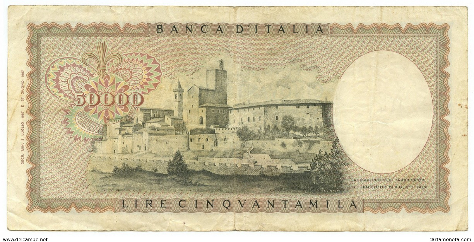 50000 LIRE BANCA D'ITALIA LEONARDO DA VINCI MEDUSA 03/07/1967 BB - Autres & Non Classés