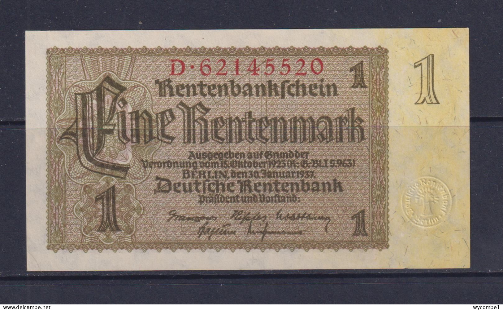 GERMANY - 1937  Rentenbankschein 1 Mark UNC/aUNC Banknote - 1 Rentenmark