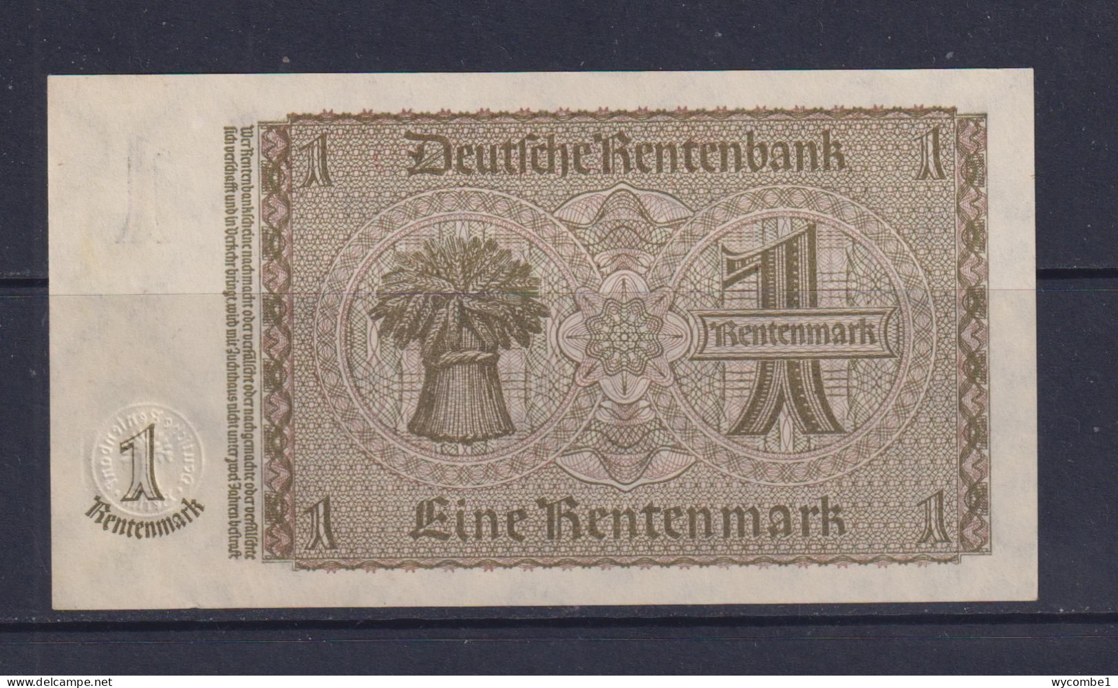 GERMANY - 1937  Rentenbankschein 1 Mark UNC/aUNC Banknote - 1 Rentenmark