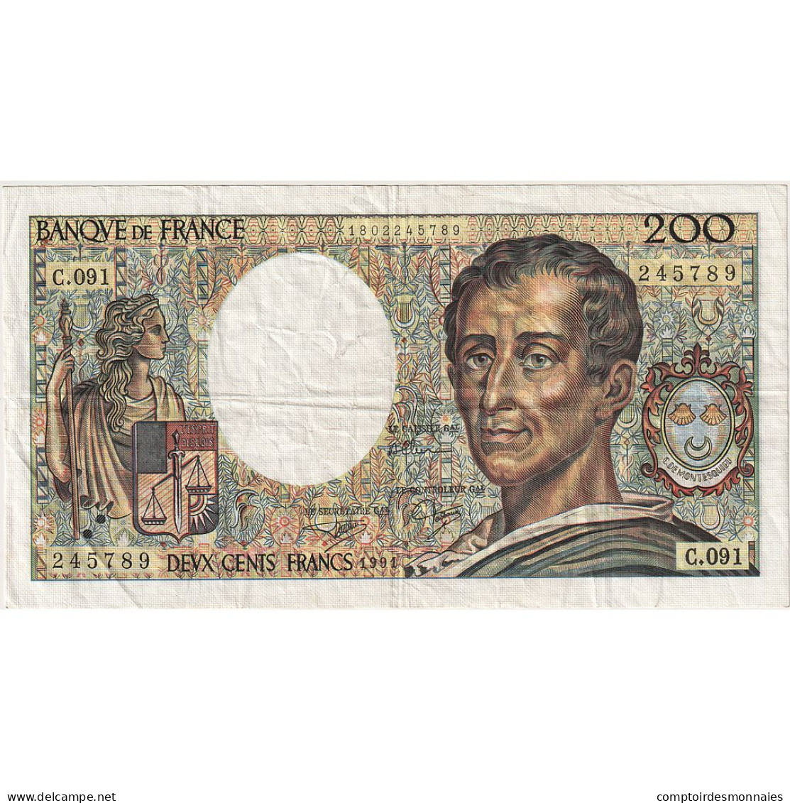 France, 200 Francs, Montesquieu, 1991, C.091, TTB+, Fayette:70.11, KM:155d - 200 F 1981-1994 ''Montesquieu''