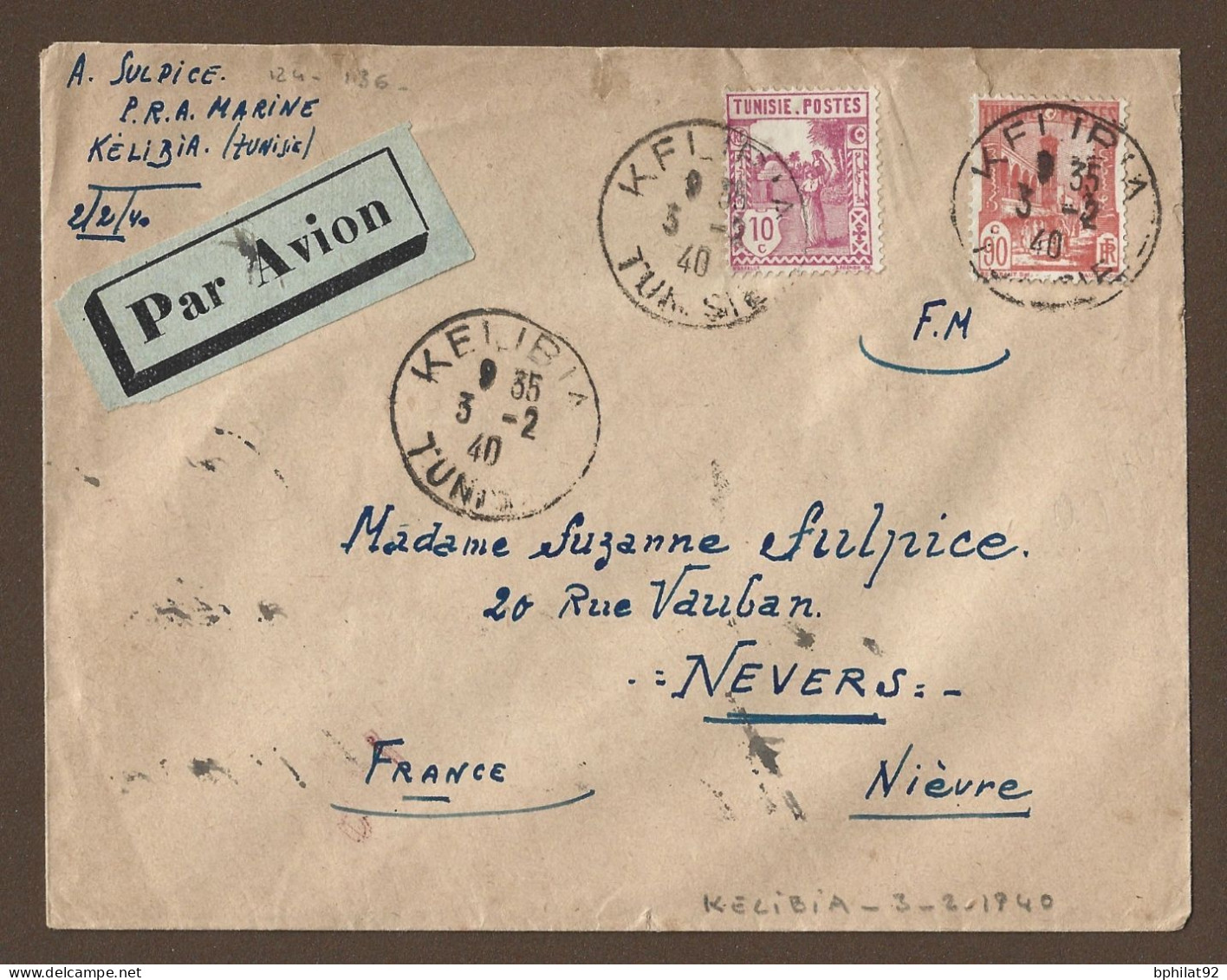 !!! TUNISIE, LETTRE FM PAR AVION DE KELIBIA POUR LA FRANCE, DE 1940 - Poste Aérienne