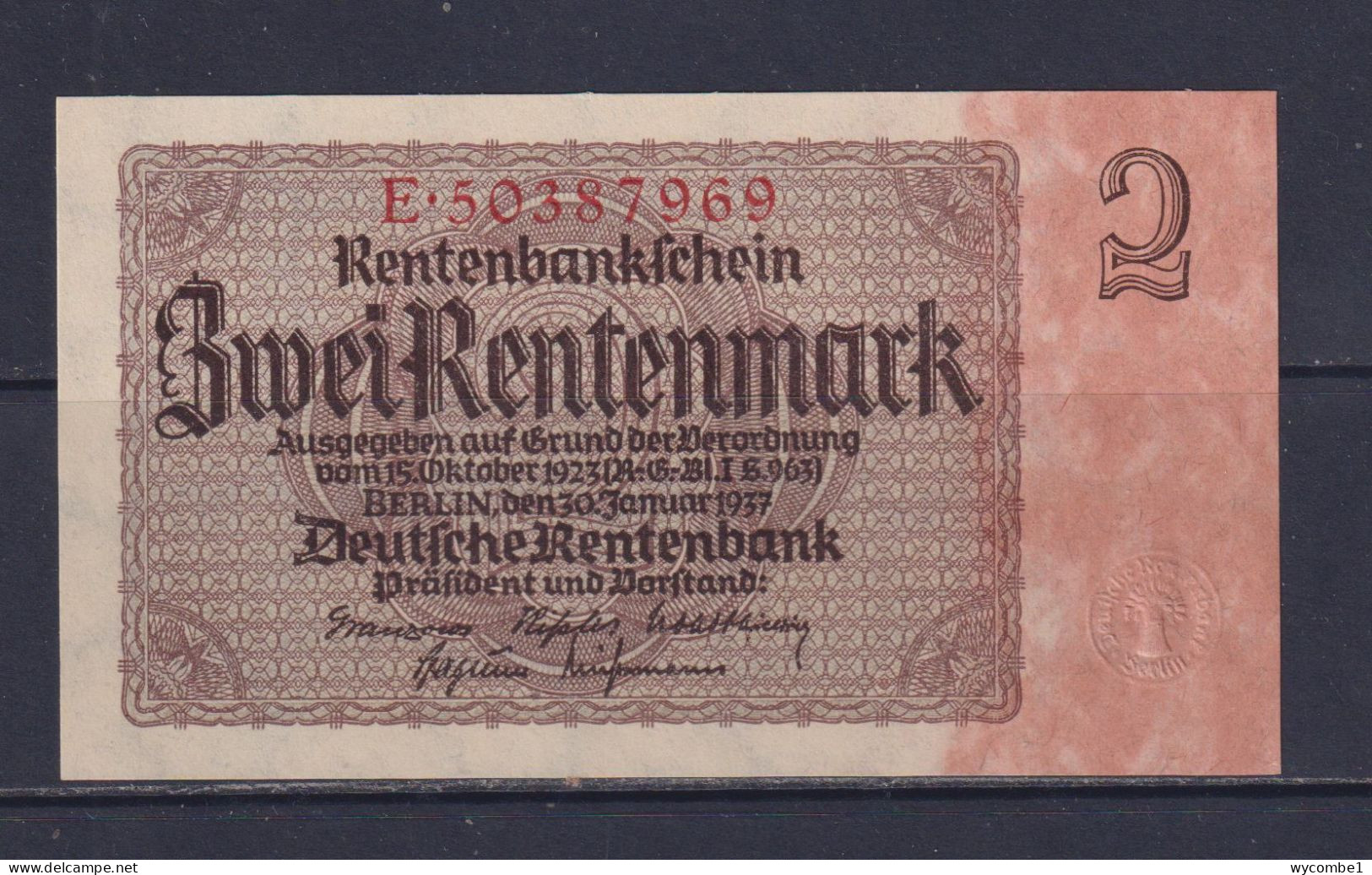 GERMANY - 1937  Rentenbankschein 2 Mark UNC/aUNC Banknote - 2 Rentenmark