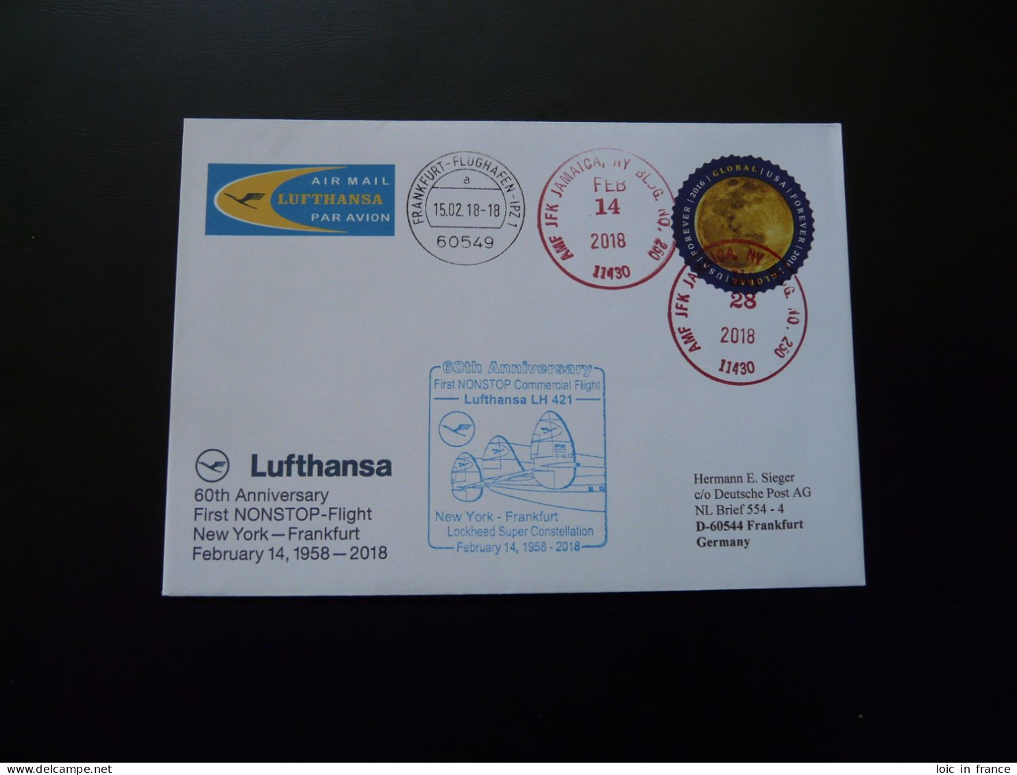 Lettre Cover 60 Years Flight New York Frankfurt Lockheed Super Constellation Lufthansa 2018 - 3c. 1961-... Covers