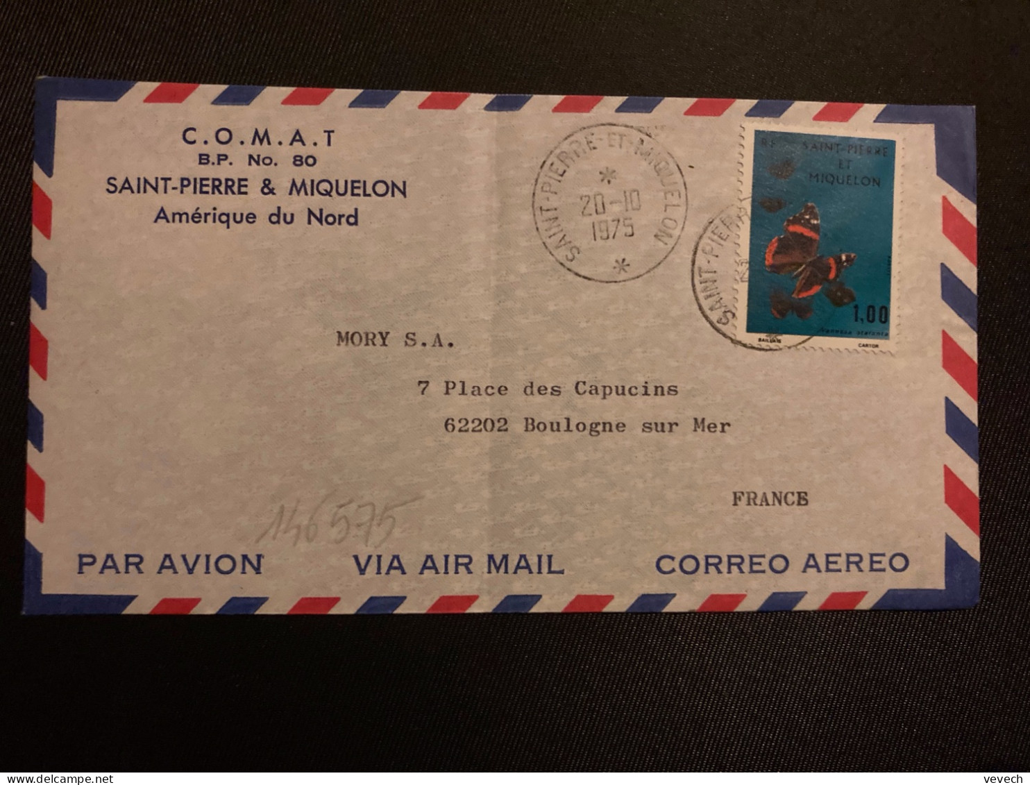 LETTRE COMAT Pour La FRANCE TP PAPILLON 1,00 OBL.20-10 1975 SAINT PIERRE ET MIQUELON - Storia Postale