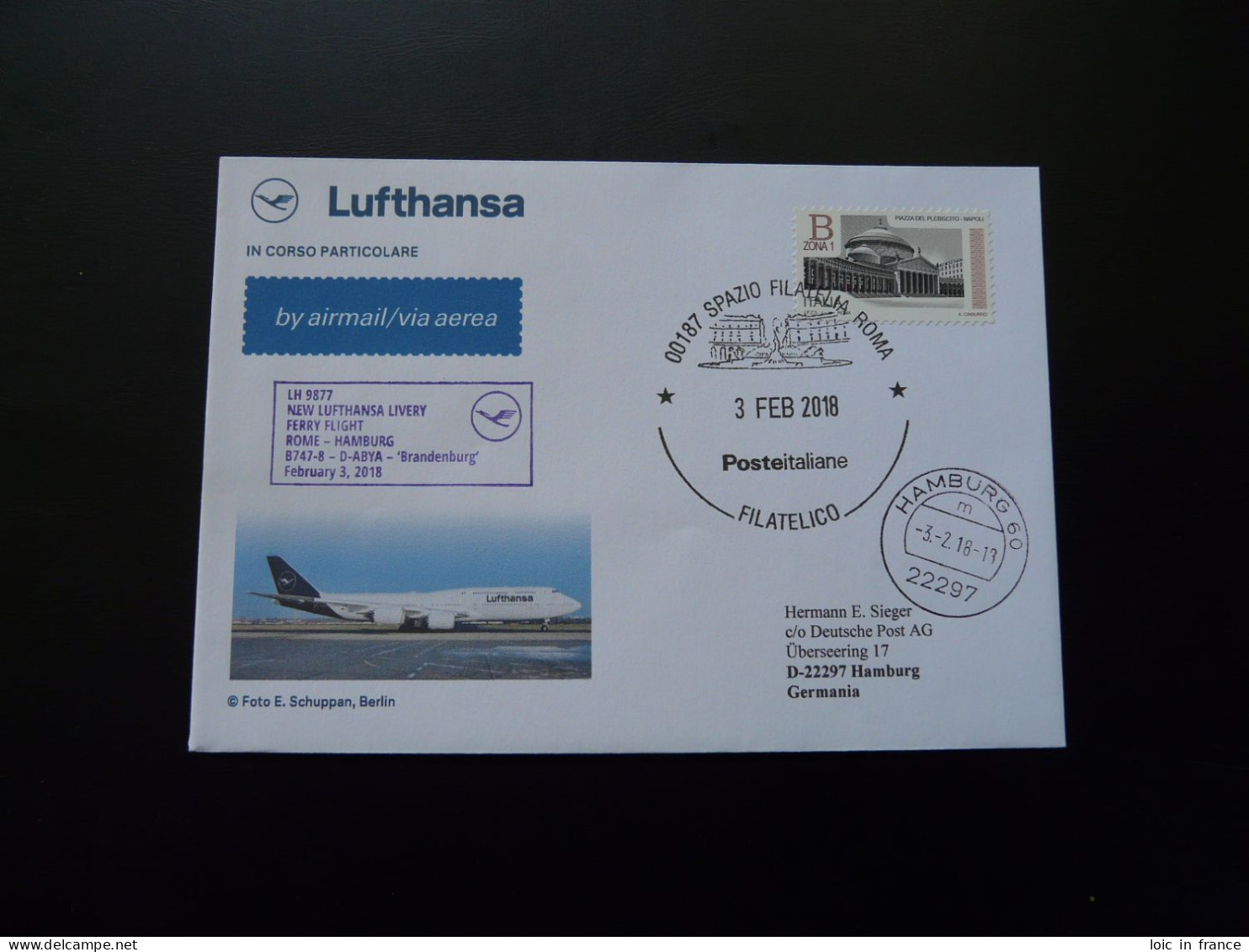 Lettre Premier Vol First Flight Cover Roma Hamburg Boeing 747 Lufthansa 2018 - 2011-20: Marcophilie