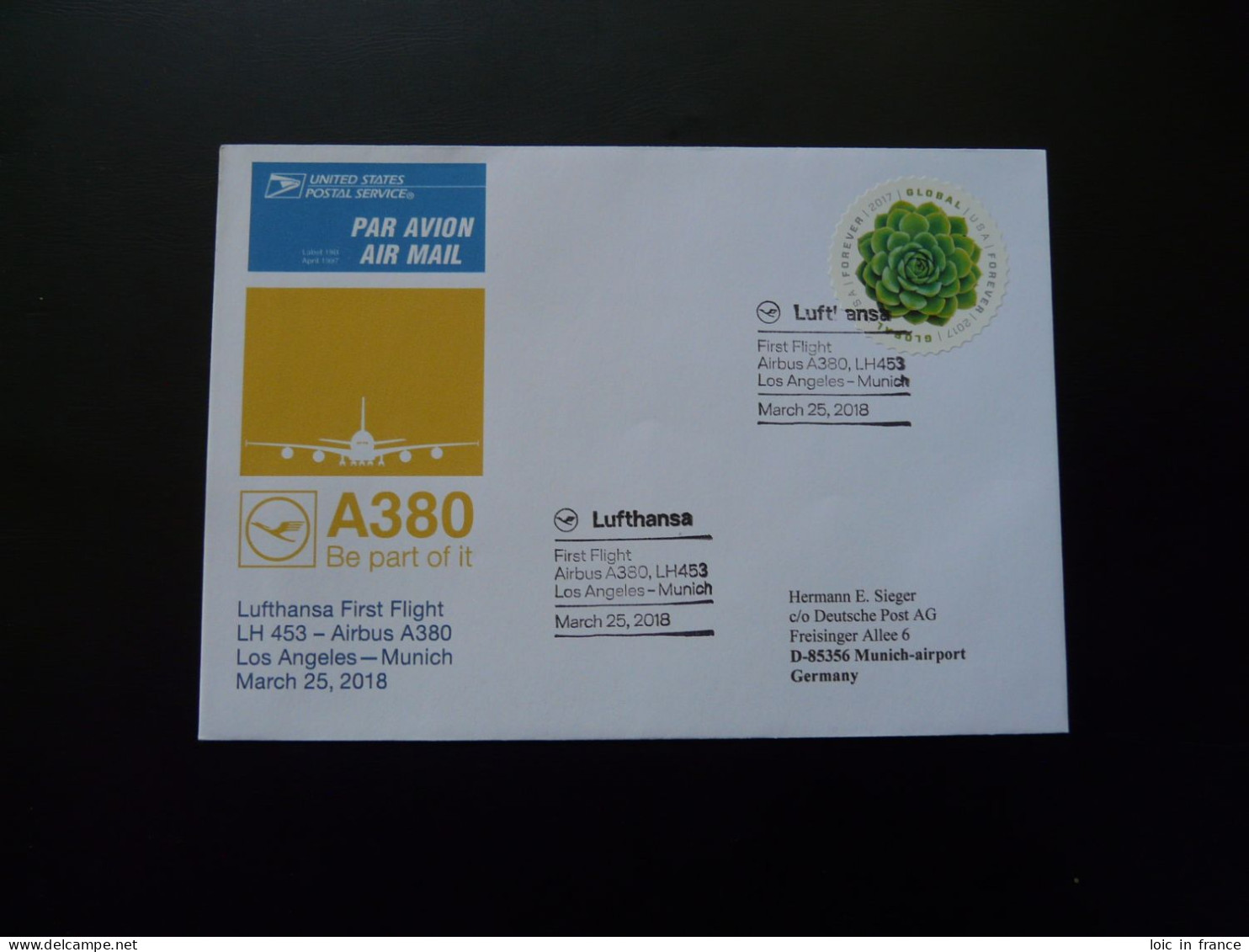 Lettre Premier Vol First Flight Cover Los Angeles Munchen Airbus A380 Lufthansa 2018 - Covers & Documents
