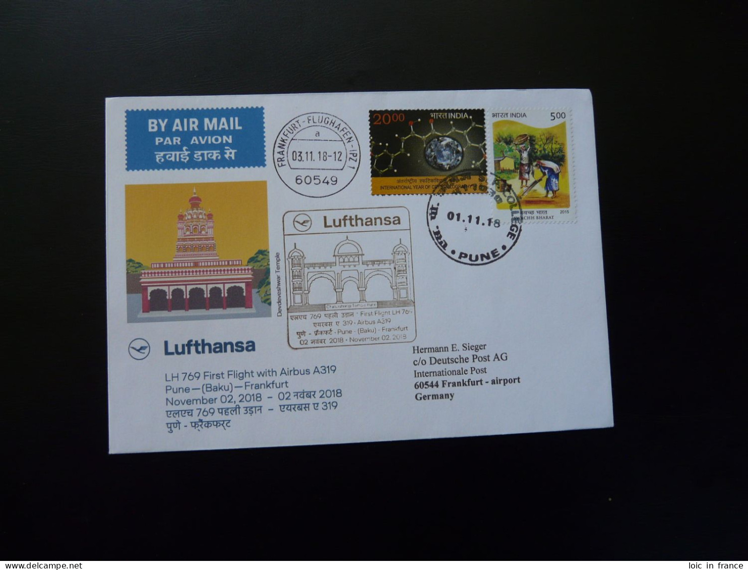 Lettre Premier Vol First Flight Cover Pune India To Frankfurt Airbus A319 Lufthansa 2018 - Cartas & Documentos