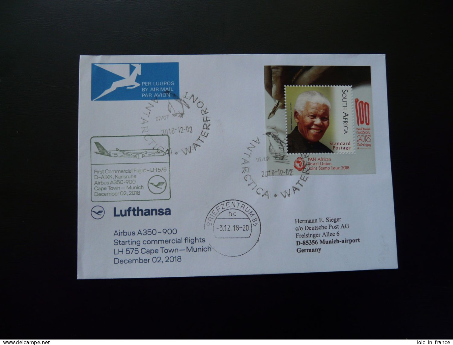 Lettre Premier Vol First Flight Cover Cape Town South Africa To Munchen Airbus A380 Lufthansa 2018 - Covers & Documents