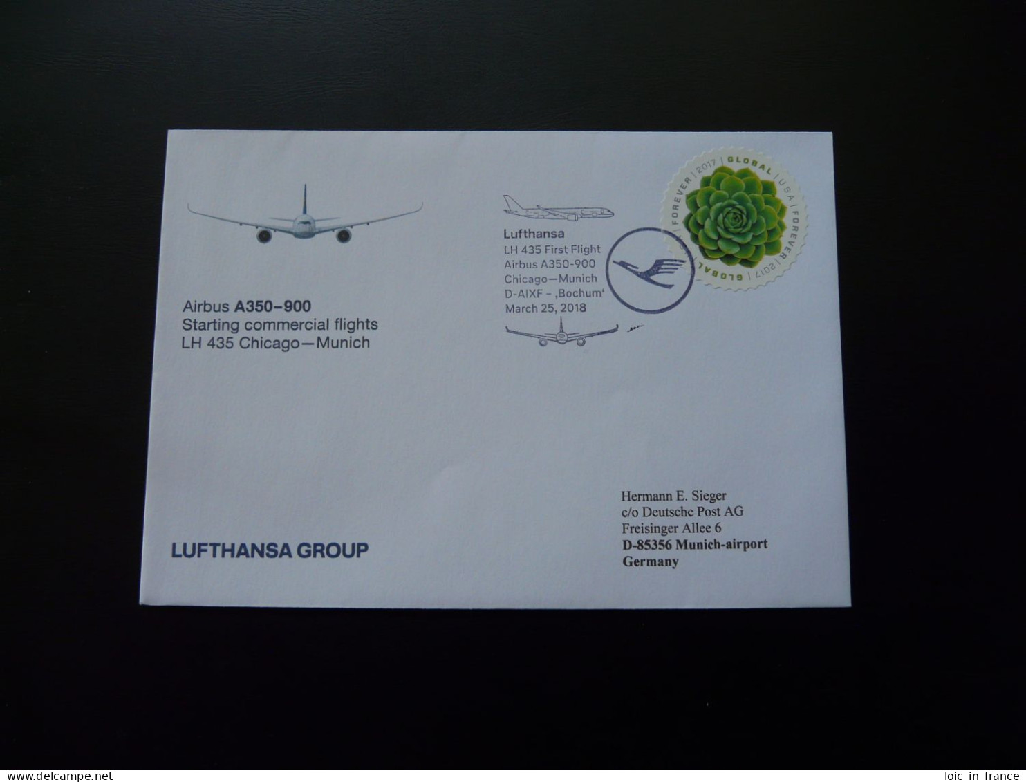 Lettre Premier Vol First Flight Cover Chicago Munchen Airbus A350 Lufthansa 2018 - 3c. 1961-... Briefe U. Dokumente