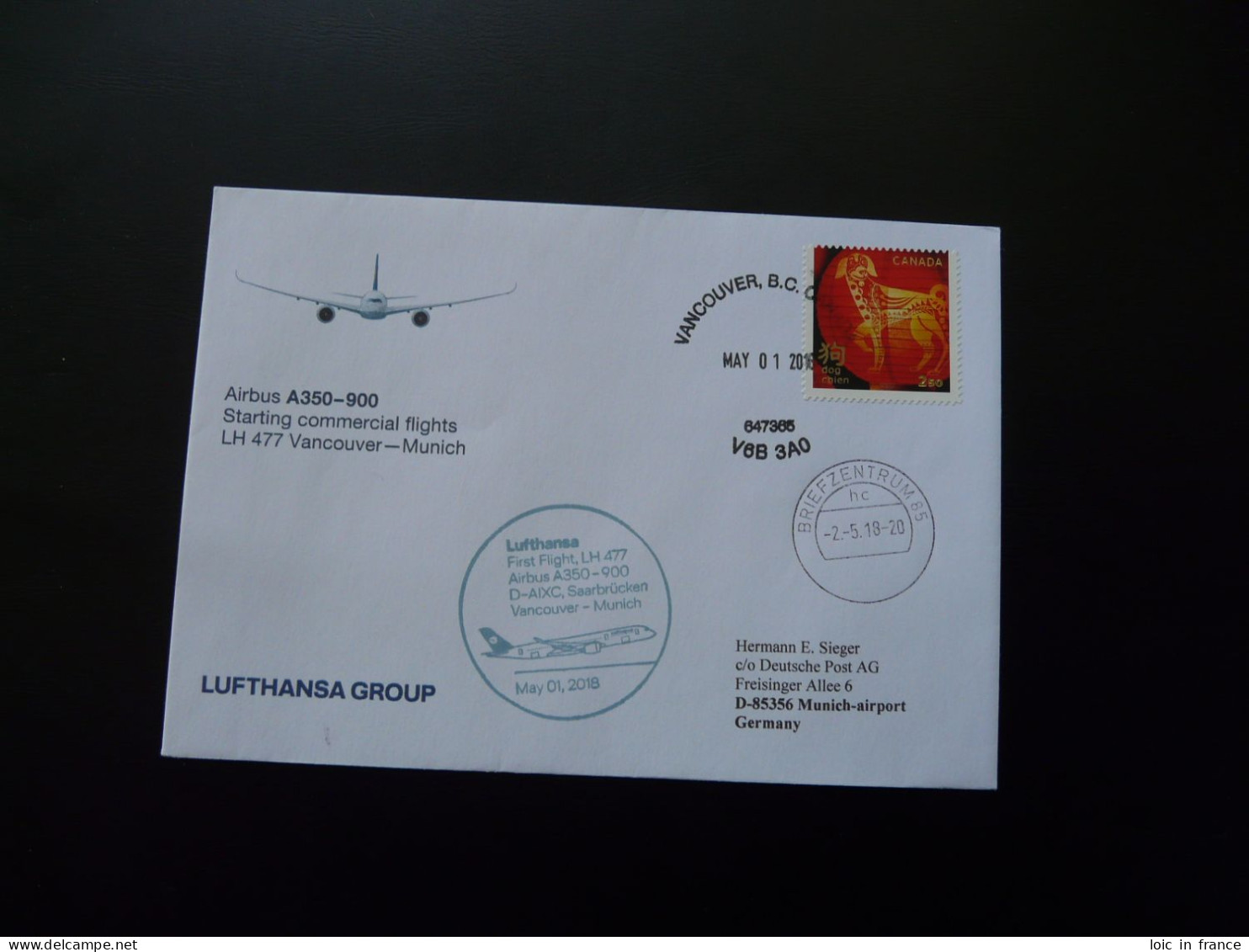 Lettre Premier Vol First Flight Cover Vancouver Munchen Airbus A350 Lufthansa 2018 - Eerste Vluchten