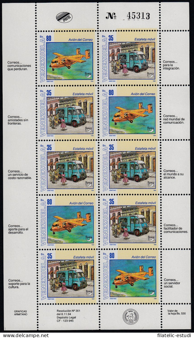 Upaep Venezuela 1719/20 1994 Mini Hoja Camioneta Y Avión Postal MNH - Altri - America