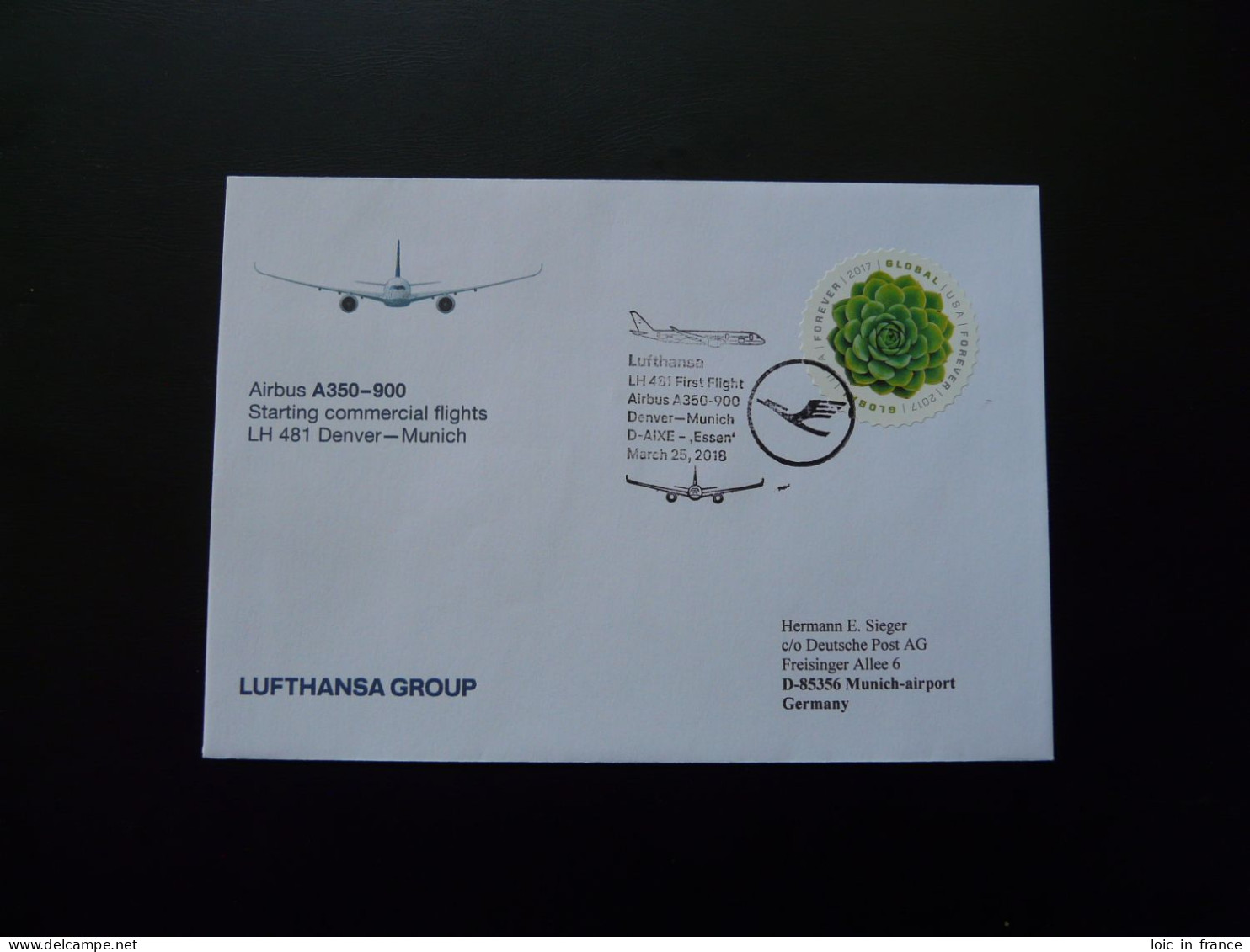 Lettre Premier Vol First Flight Cover Denver Munchen Airbus A350 Lufthansa 2018 - 3c. 1961-... Covers