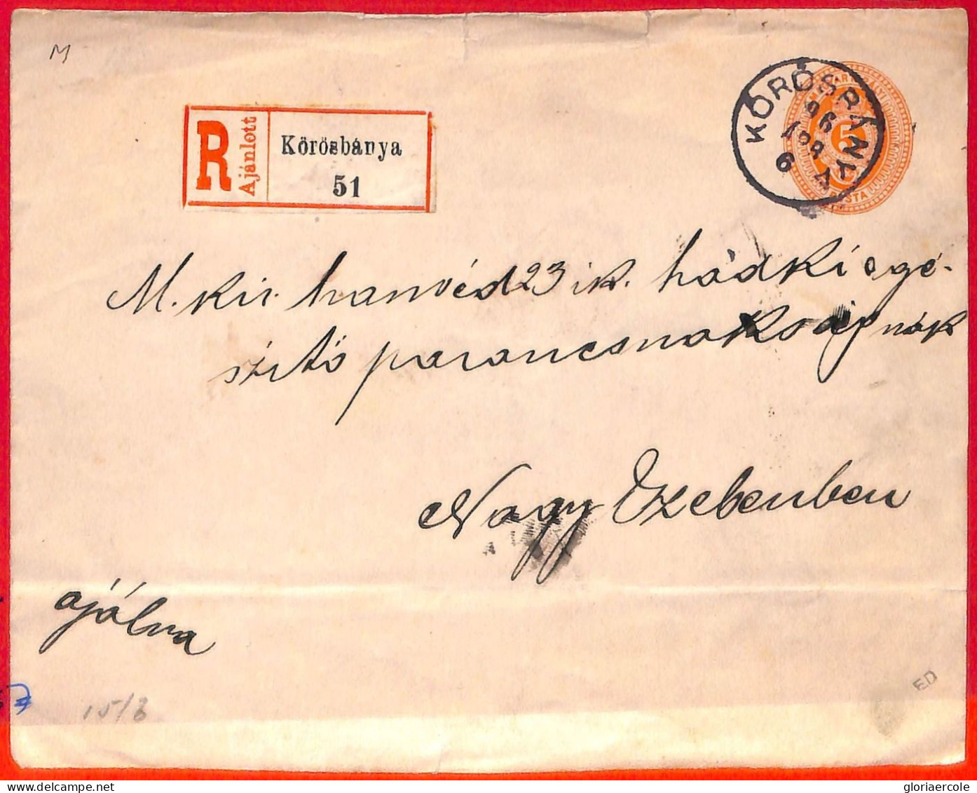 Aa2036 - HUNGARY - POSTAL HISTORY - STATIONERY COVER Registered From KOROSBANYA 1896 - Postal Stationery