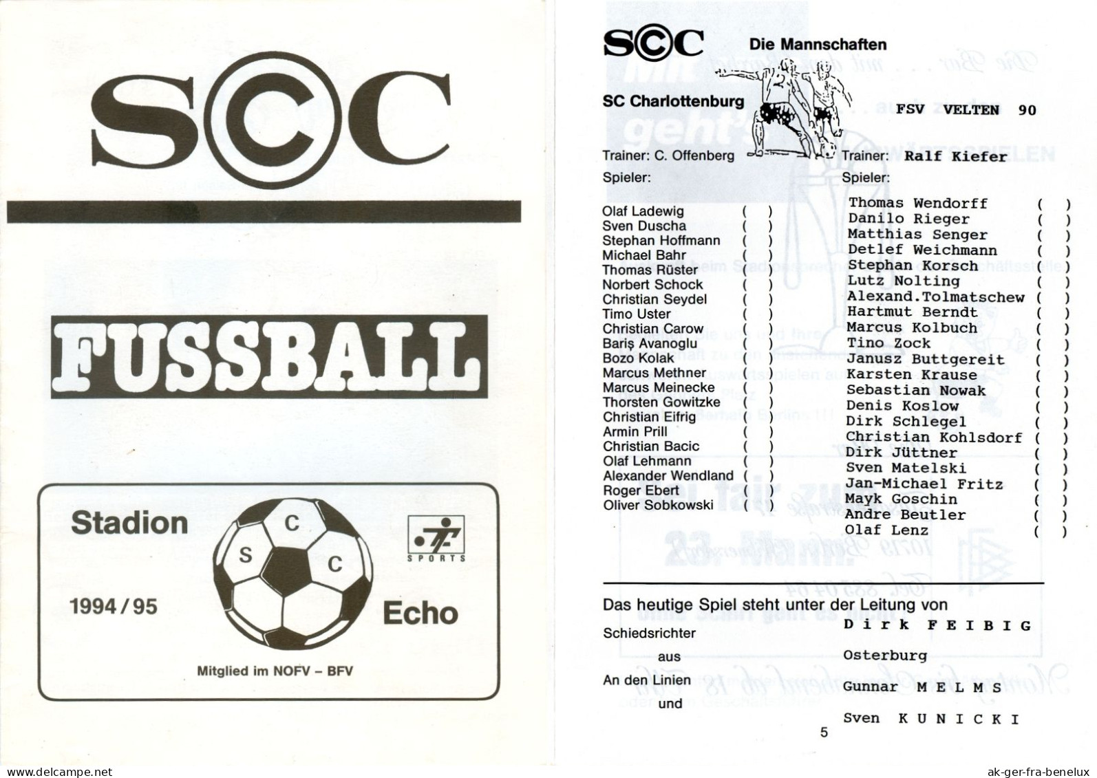 Fußball-Programm PRG SC Charlottenburg Vs FSV 90 Velten 13. 5. 1995 SCC Berlin Oberhavel BSG Chemie Westend Wilmersdorf - Programma's