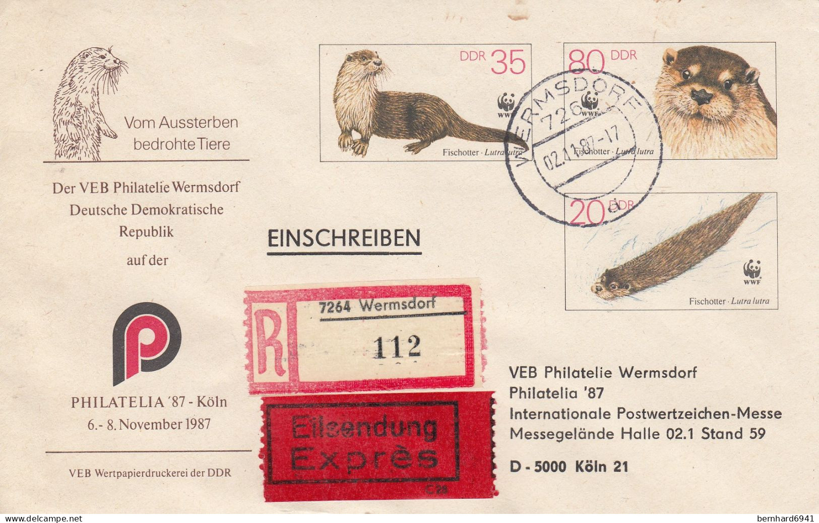 DU 7/3b Vom Aussterben Bedrohte Tiere -  Fischotter Mit 35+80+20Pf Philatelia '87 Köln,, Wermsdorf - Einschreiben-Eilsen - Covers - Mint