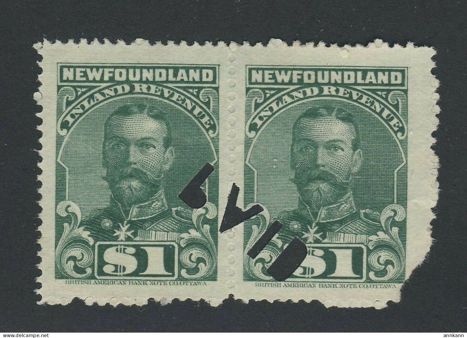 2x Newfoundland Used Inland Revenue Stamps 1910 George V Pair NFR 20-$1.00 - Fiscale Zegels