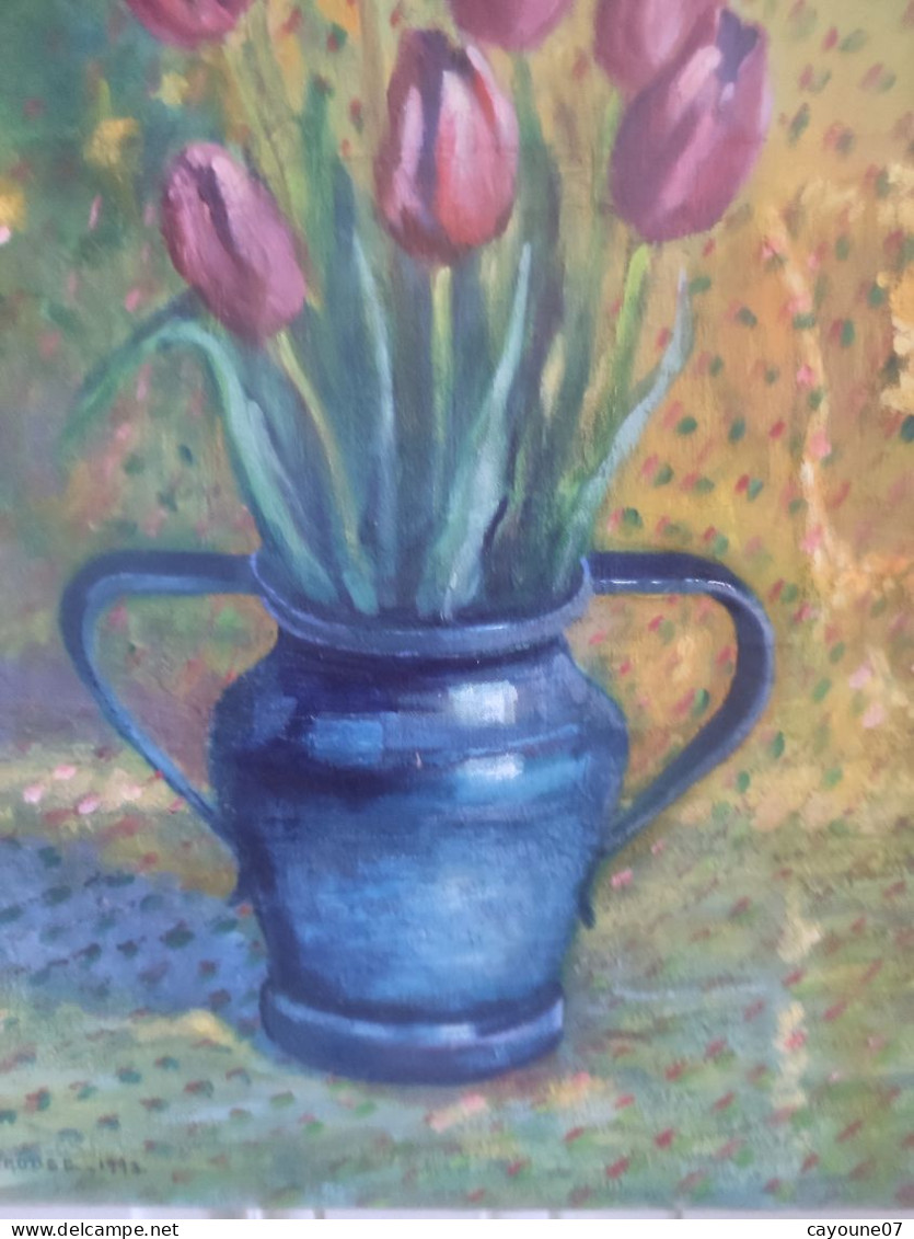 Fernand PROUST (XXème) huile sur toile nature morte au fleurs "Tulipes" 1992
