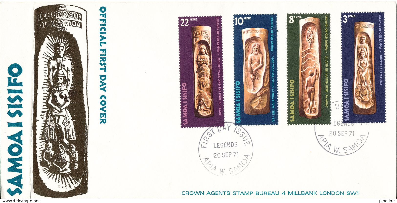 Samoa I Sisifo FDC 20-9-1971 Complete Set Of 4 Legends Of Old Samoa With Cachet (the Cover Is Bended In The Left Side) - Samoa