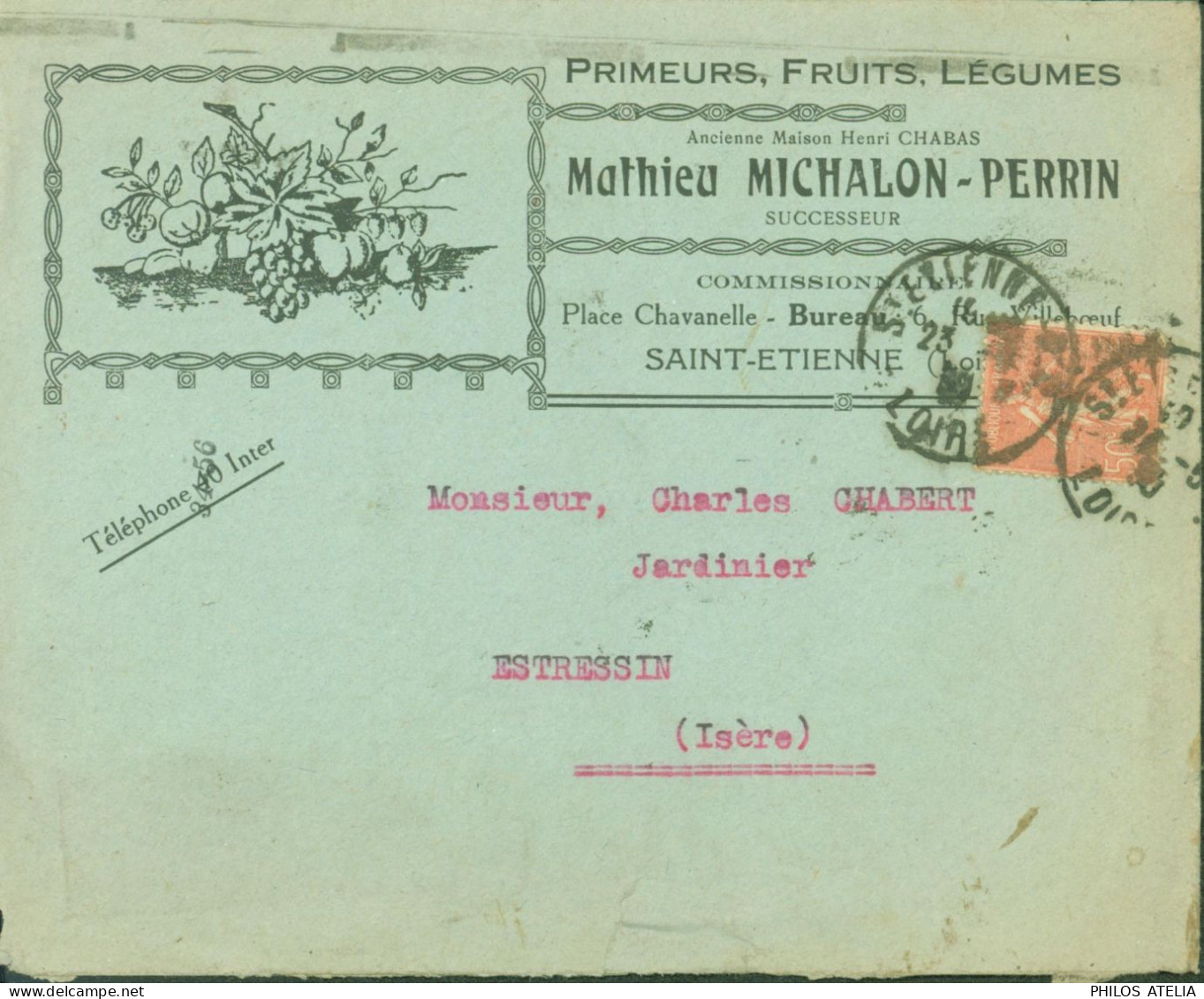 Enveloppe Publicitaire Illustrée Mathieu Michalon Perrin Primeurs Fruits Légumes Saint Etienne YT 199 CAD 23 5 1930 - 2. Weltkrieg 1939-1945