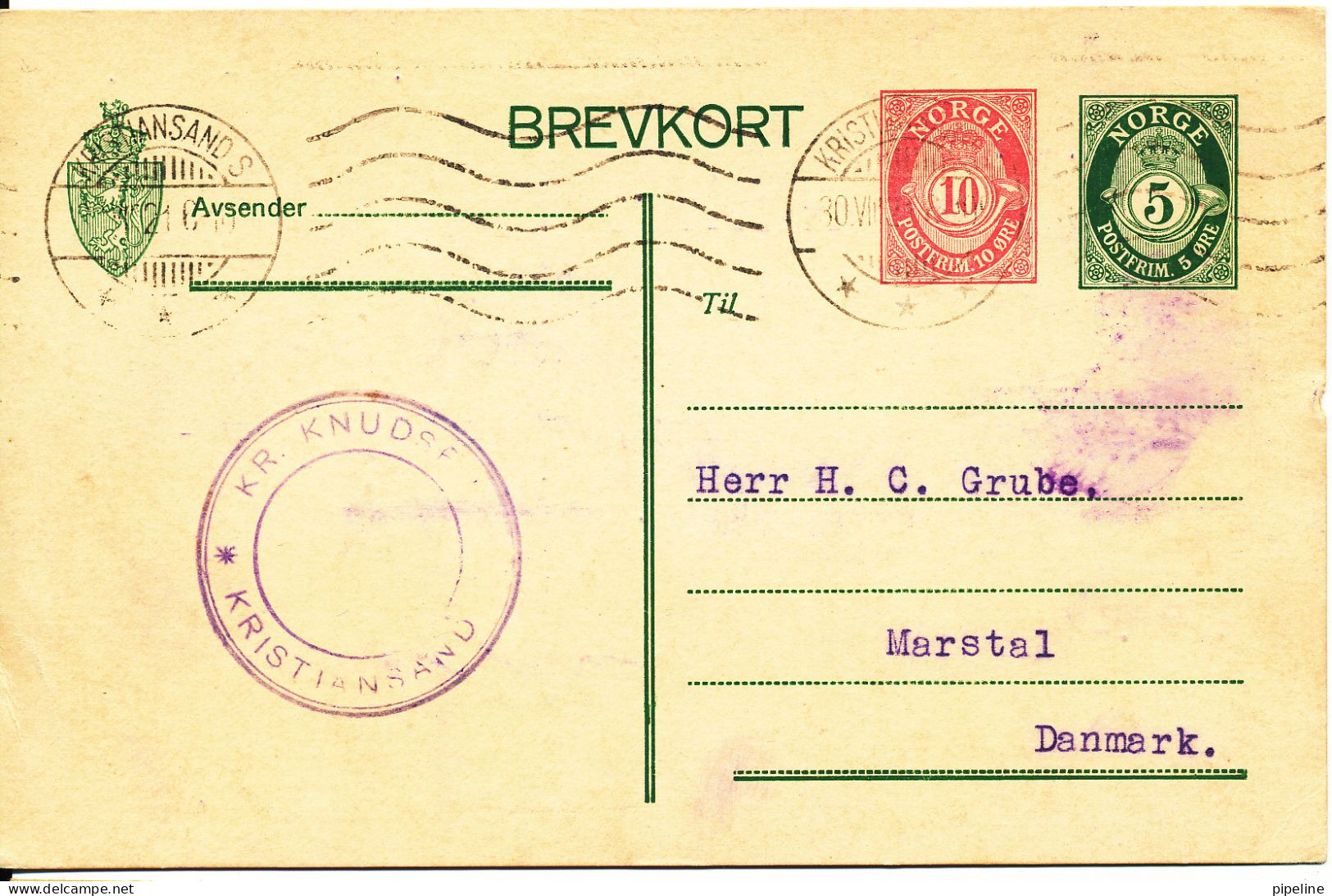 Norway Letter Card Sent To Denmark Kristiansand 30-8-1921 - Covers & Documents