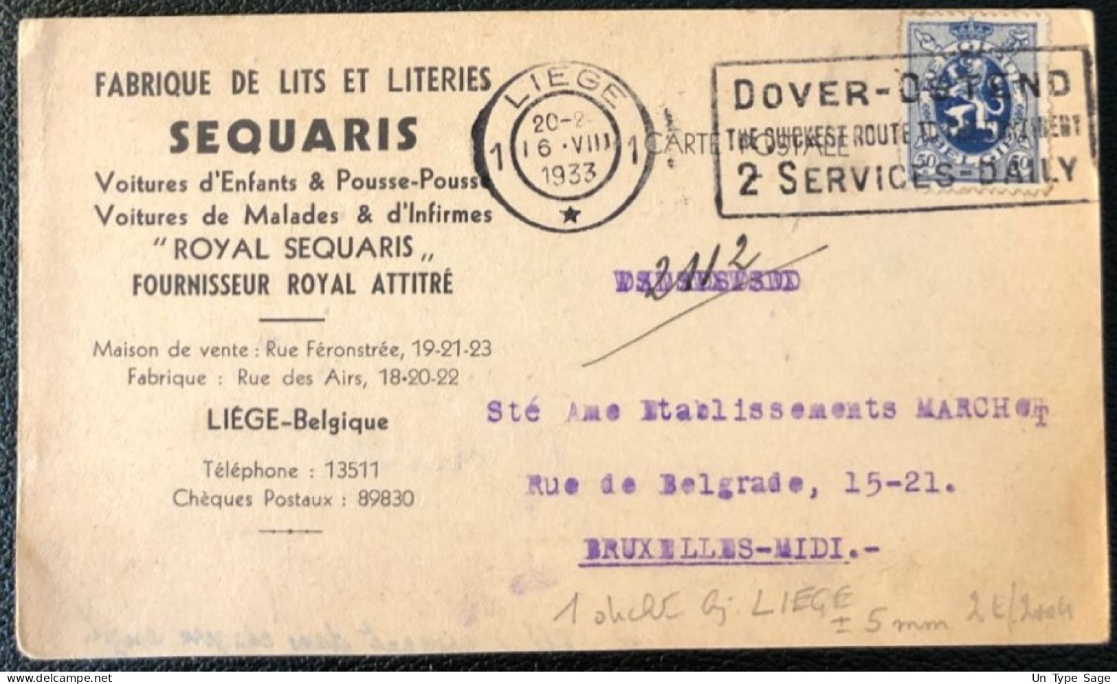 Belgique, Divers Sur Carte - Flamme Dover-Ostend 6.8.1933 - (B117) - Targhette