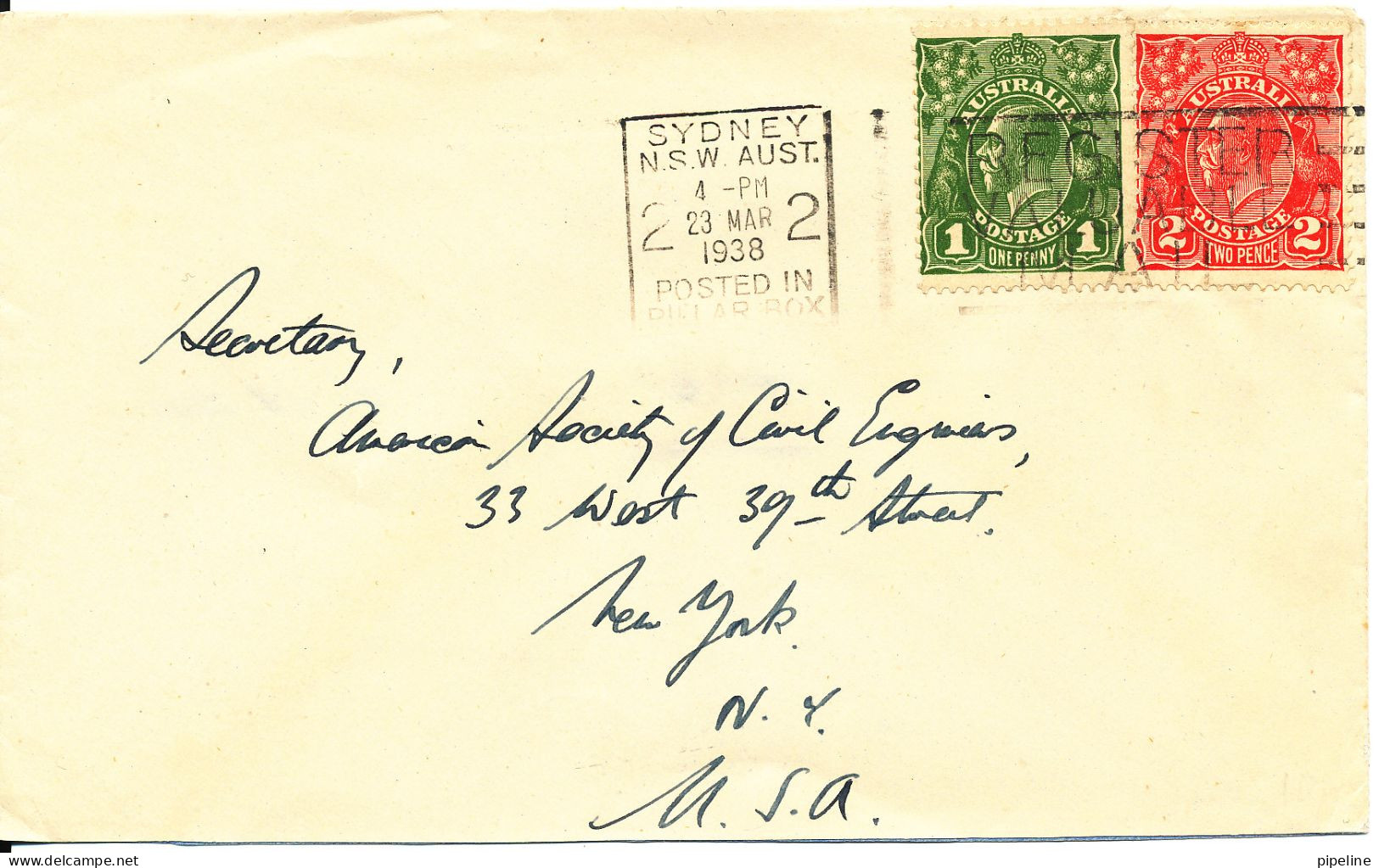 Australia Cover Sent To USA Sydney 23-3-1938 - Briefe U. Dokumente