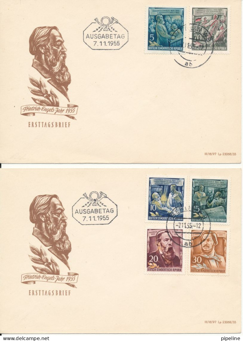 Germany DDR FDC 7-11-1955 Friedrich Engels Complete Set Of 6 Stamps On 2 Covers With Cachet - Sonstige & Ohne Zuordnung