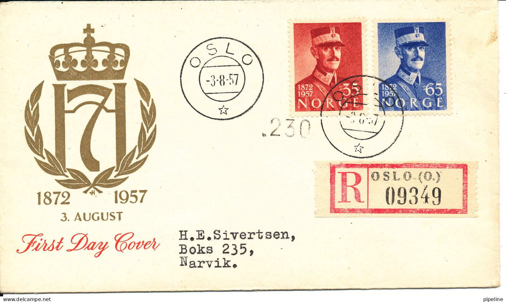 Norway Registered FDC 3-8-1957 King Haakon VII. 85th Years Birthday With Cachet Sent To Narvik - FDC
