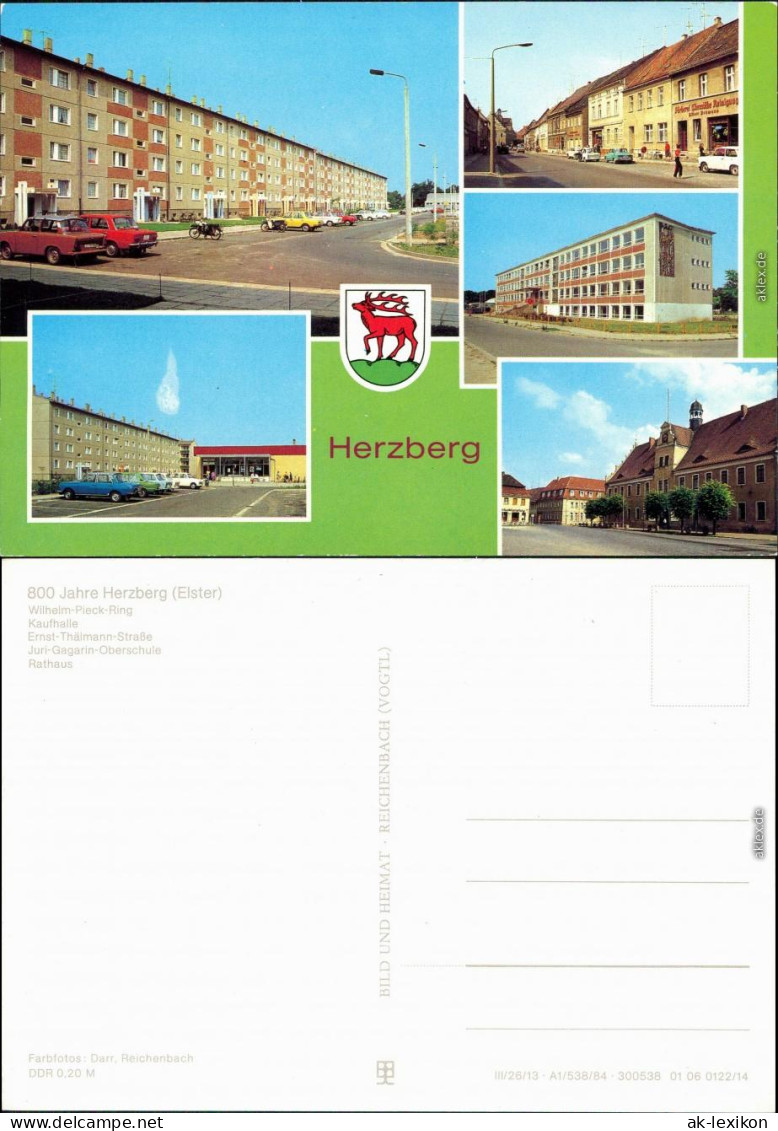 Herzberg (Elster) Wilhelm-Pieck-Ring, Kaufhalle, Ernst-Thälmann-Str, Oberschule, Rathaus 1984 - Herzberg